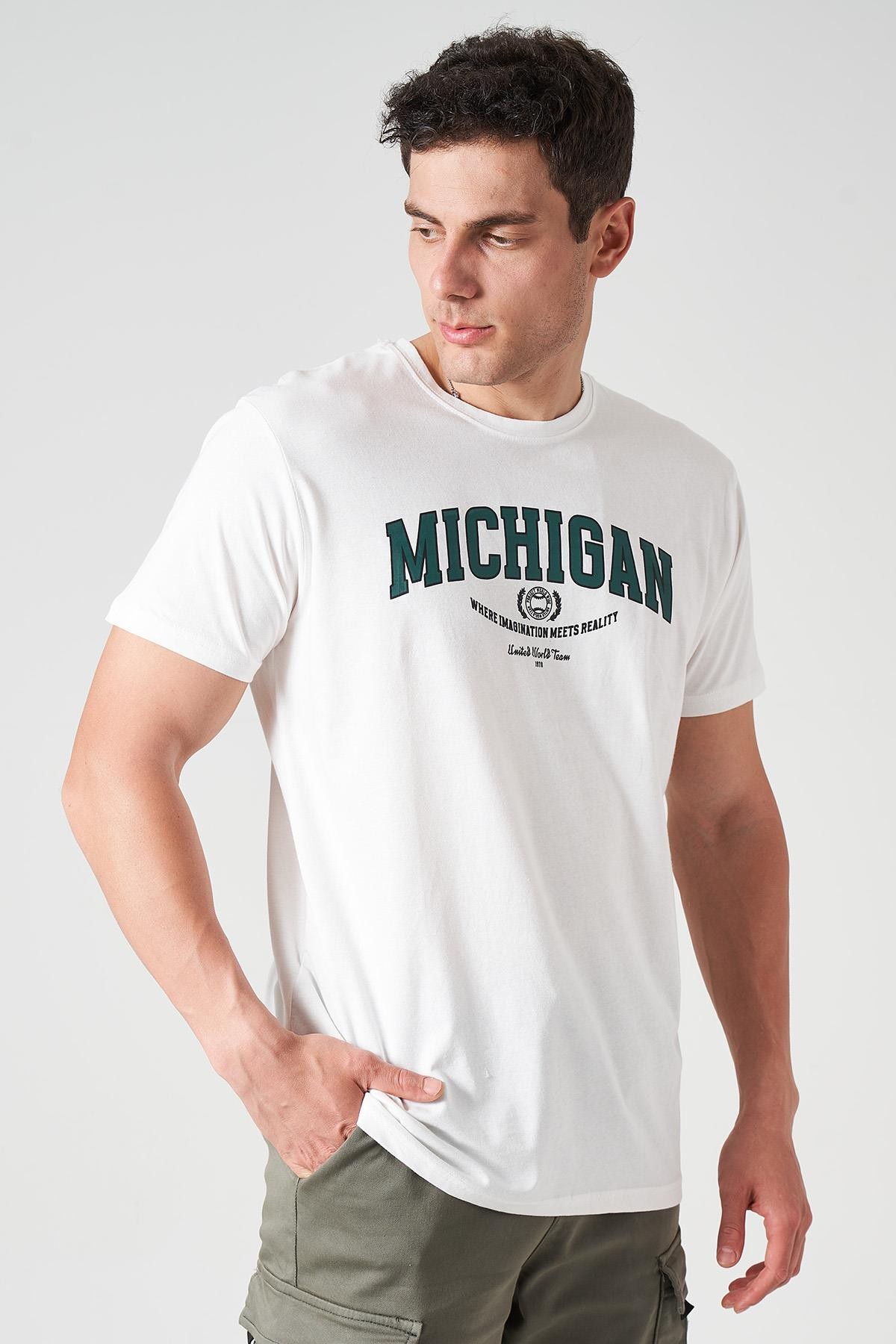 Erkek Bisiklet Yaka MICHIGAN Baskı Tişört