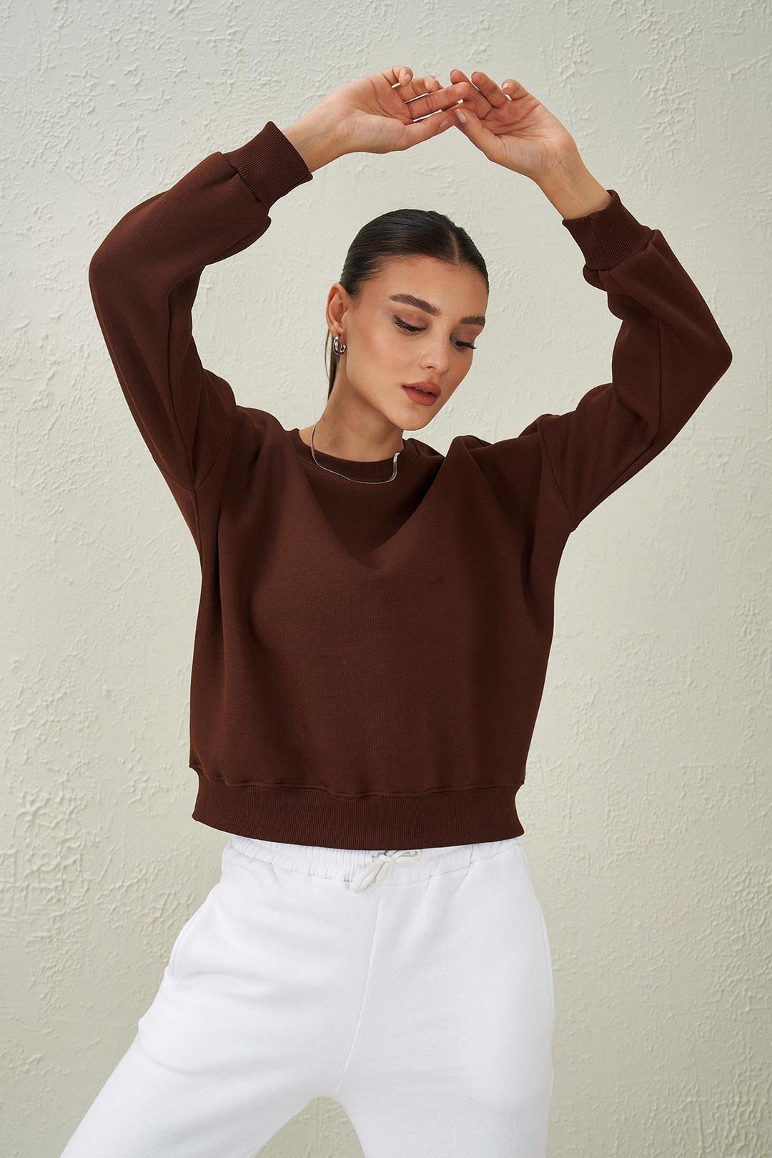 Kadın Bisiklet Yaka Üç İplik Basic Sweatshirt - Kahve