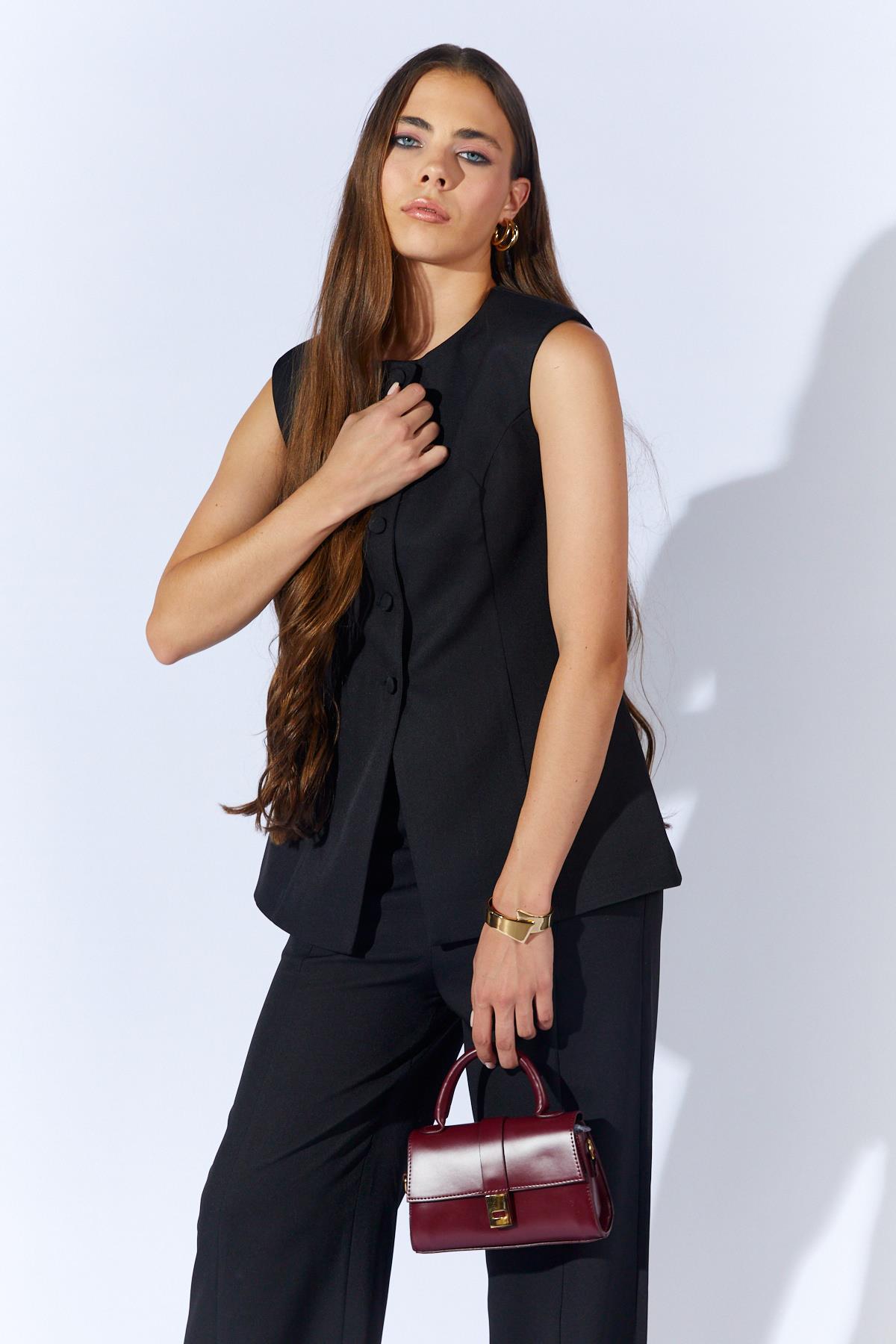 Kadın 1191 Kaplama Düğmeli Peplum Model Yelek