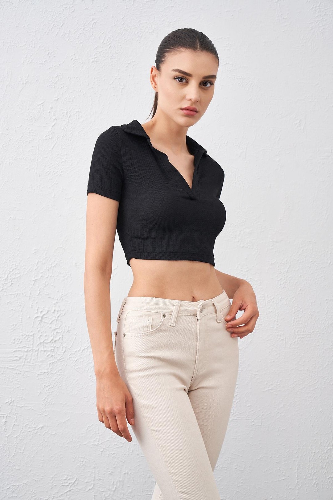 Kadın Polo Yaka Bürümcük Kumaş Crop