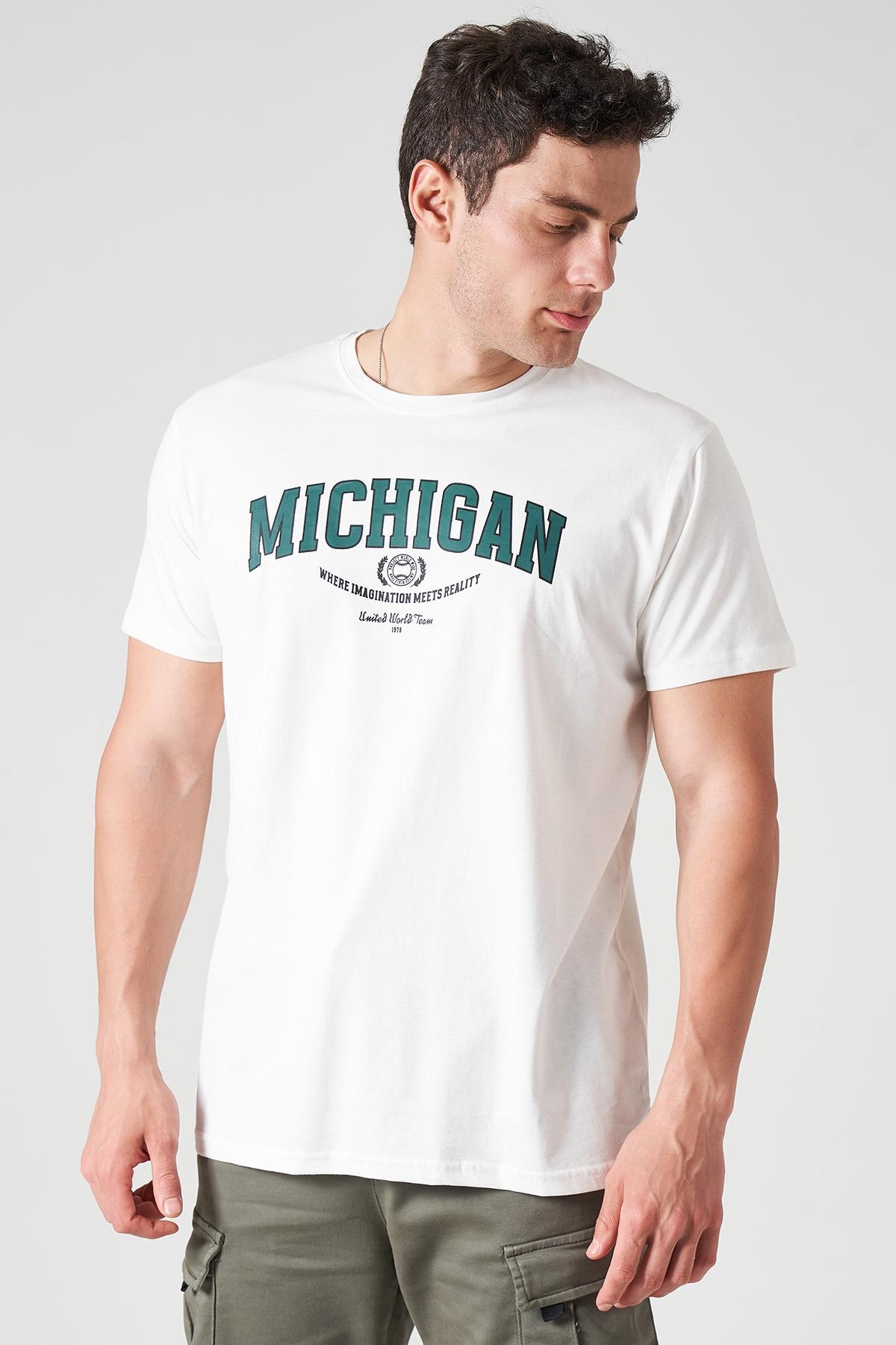 Erkek Bisiklet Yaka MICHIGAN Baskı Tişört