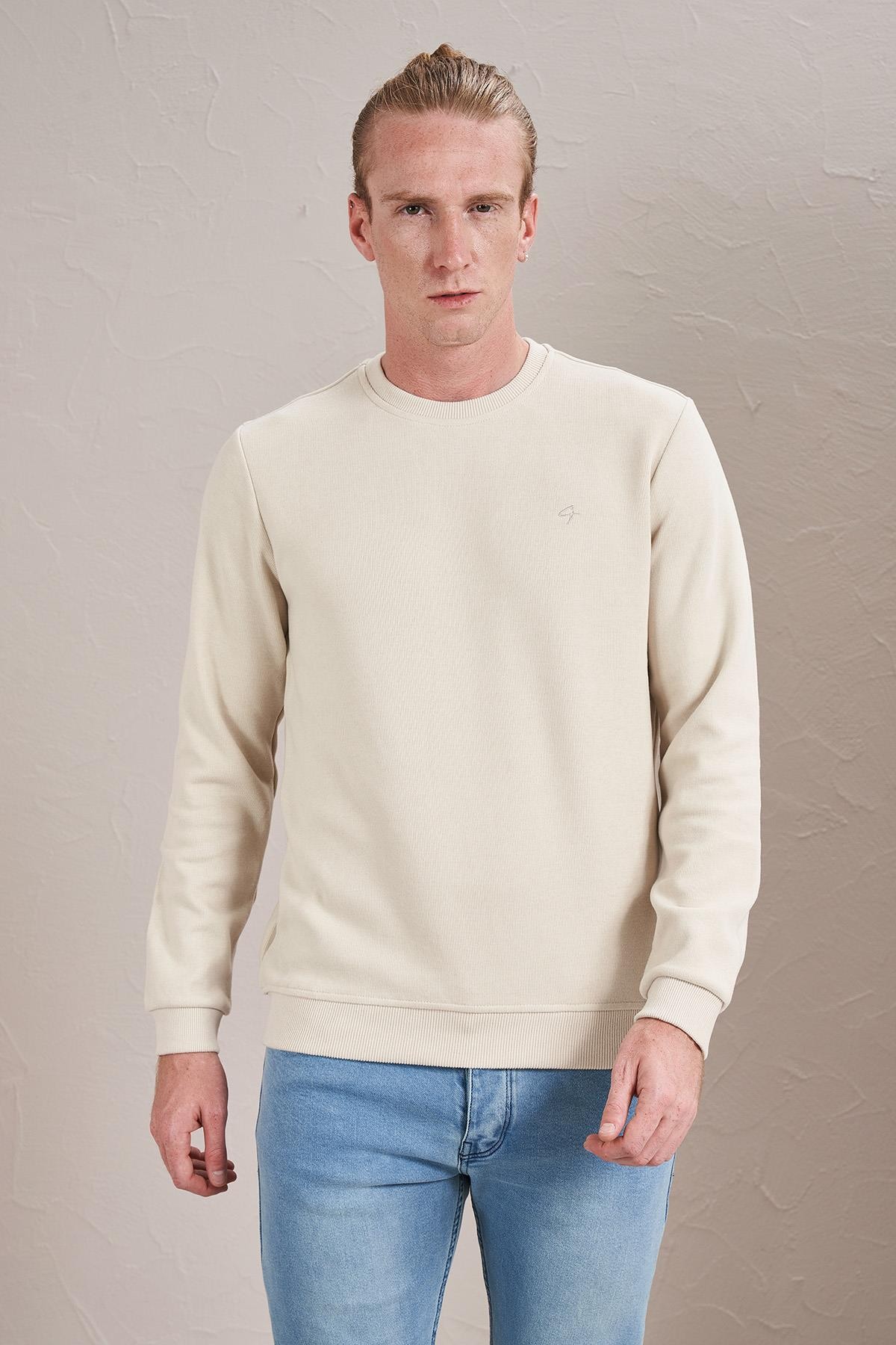 Erkek (2304)Bisiklet Yaka Basic Selanik Sweatshirt - Krem