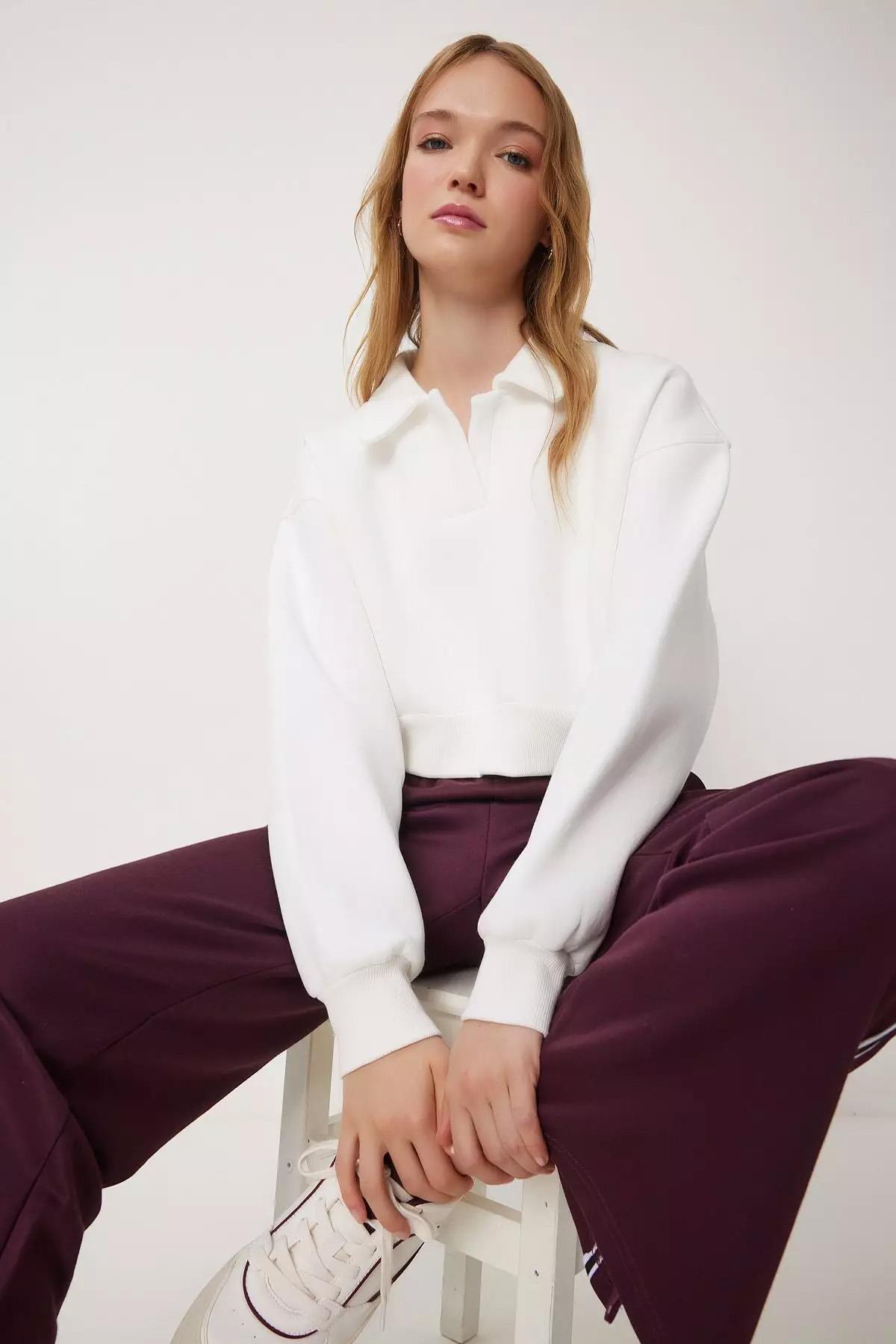 Kadın Gömlek Yaka Üç İplik Sweatshirt
