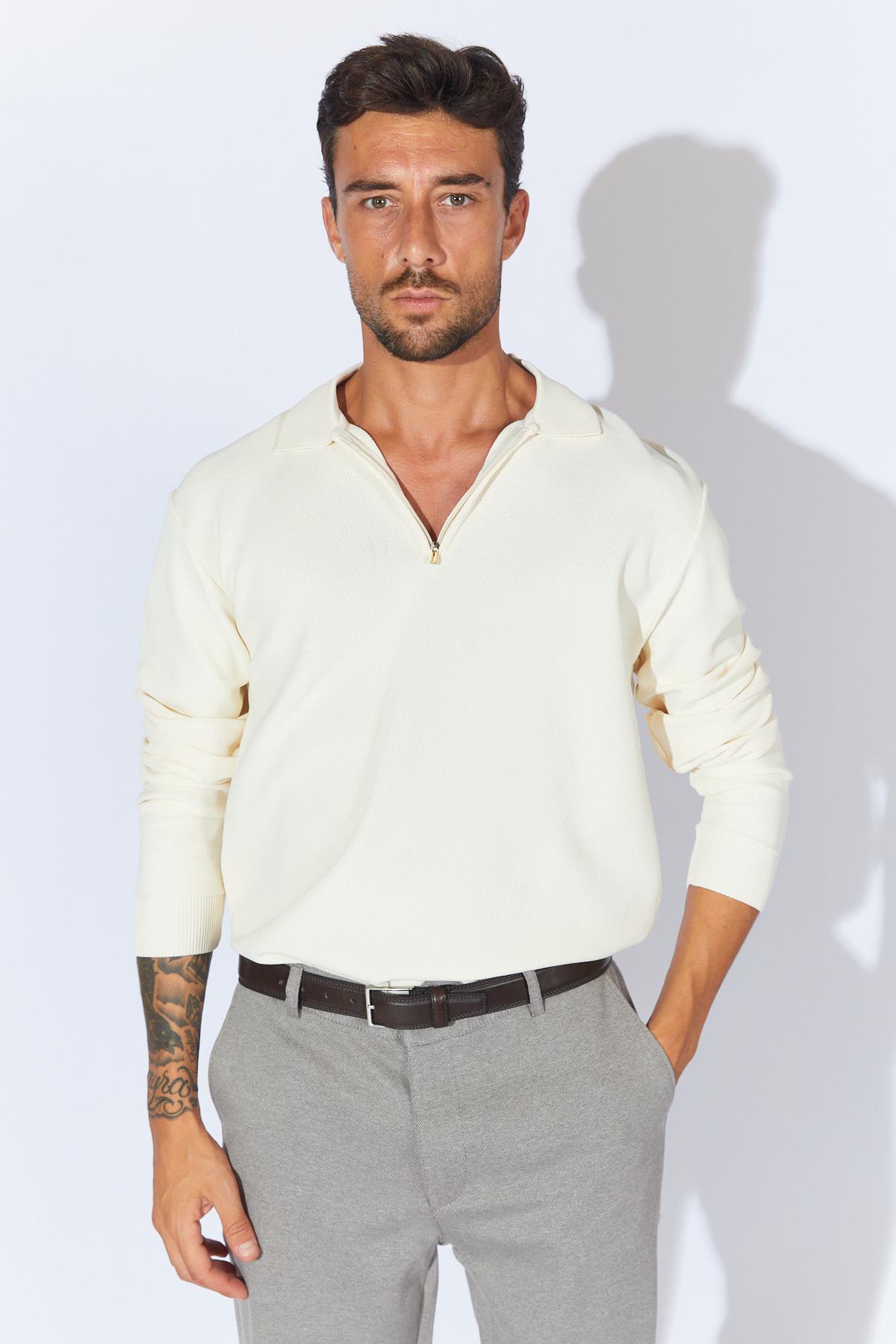 Erkek Ayaklı Yaka Fermuarlı Pike Örgü Basic Triko