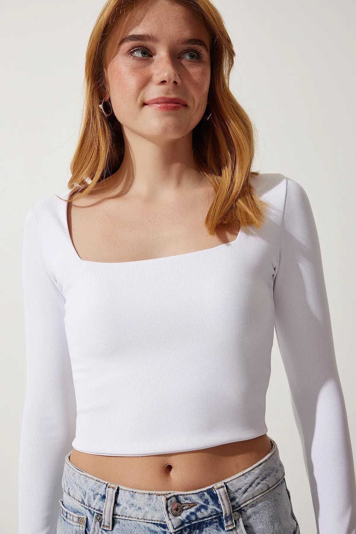 Kadın Kare Yaka Ottoman Kumaş Crop Bluz