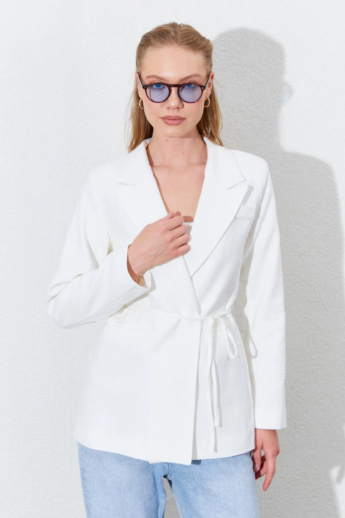 Kadın Önü Bağlamalı Fleto Cepli Keten Blazer Ceket