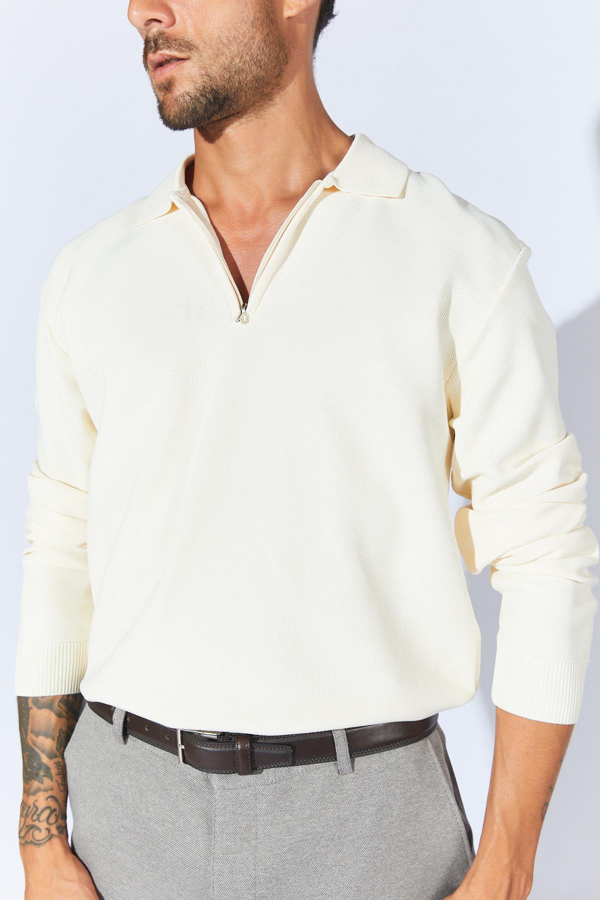 Erkek Ayaklı Yaka Fermuarlı Pike Örgü Basic Triko