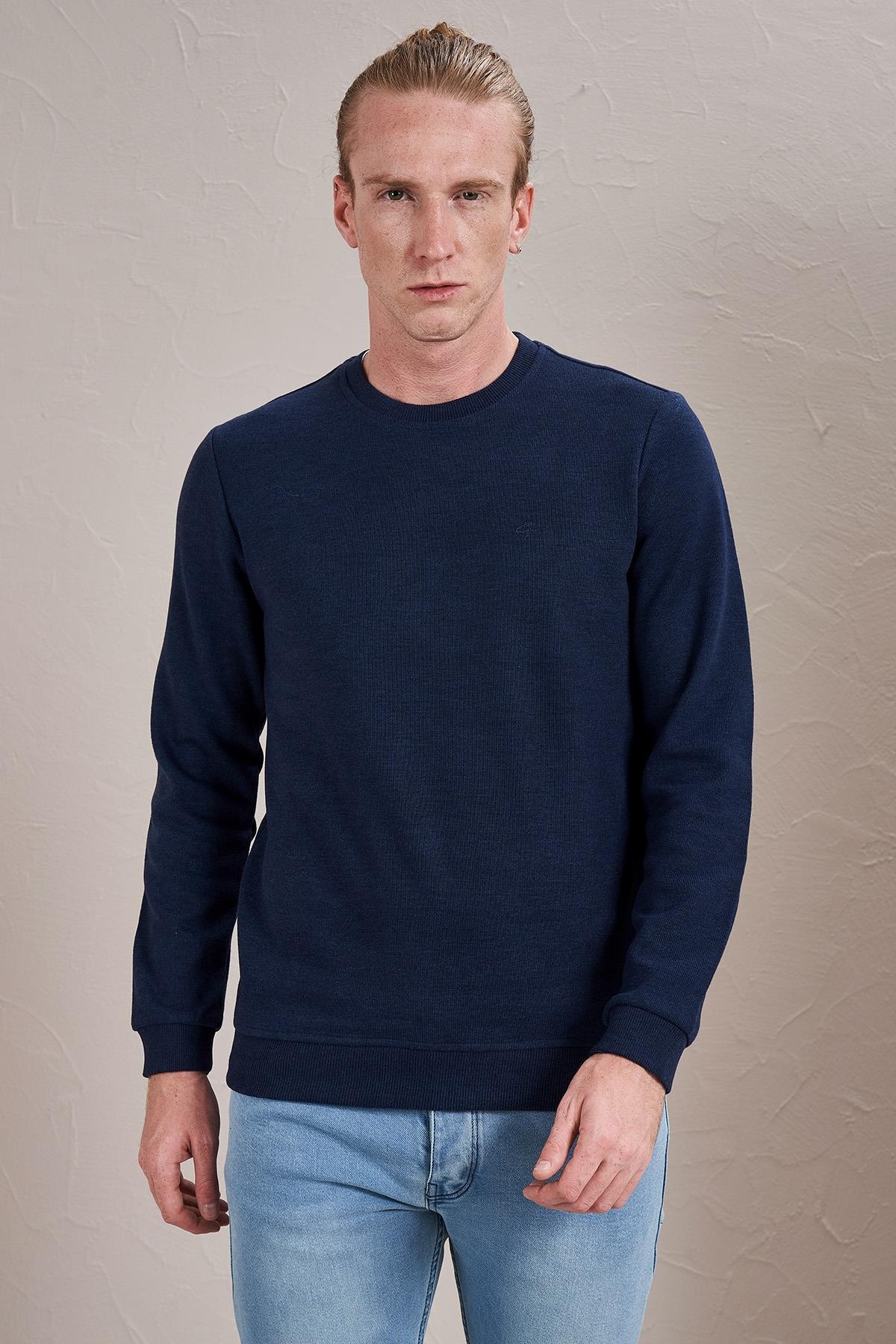 Erkek (2304)Bisiklet Yaka Basic Selanik Sweatshirt - Denim