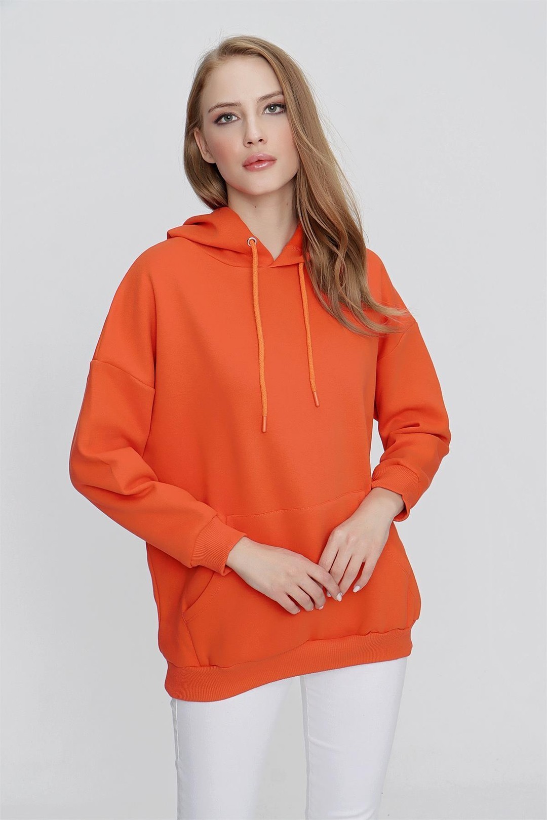 Kadın Üç İplik Şardonlu Kanguru Cepli Kapüşonlu Sweatshirt - Koyu Orange