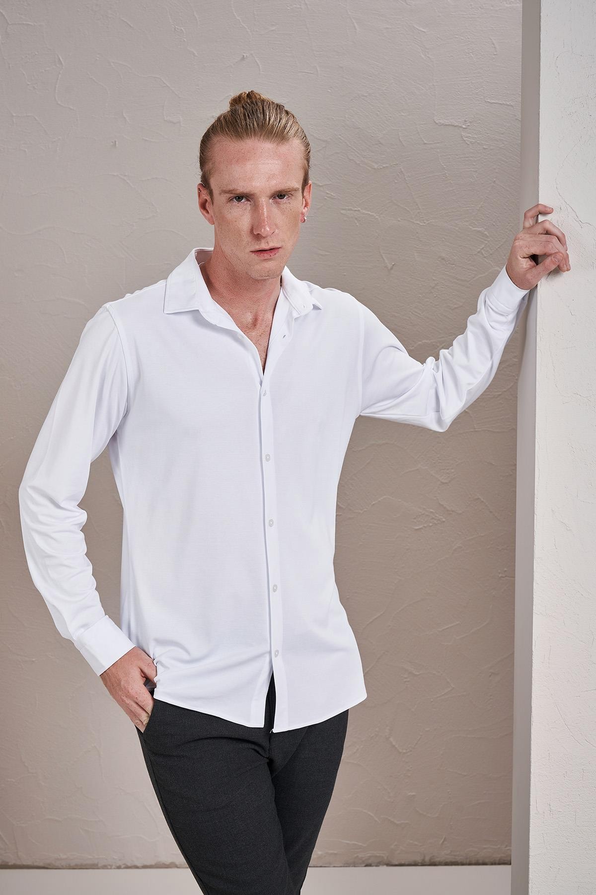 Erkek Uzun Kollu Merserize Kagi Slim Fit Gömlek - Beyaz