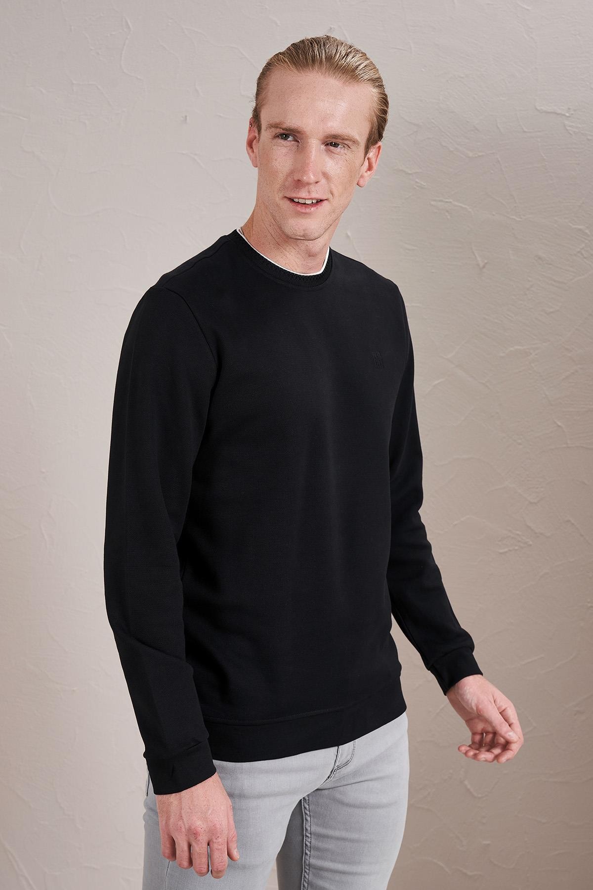 Erkek Bisiklet Yaka İnterlok Trikolu Sweatshirt