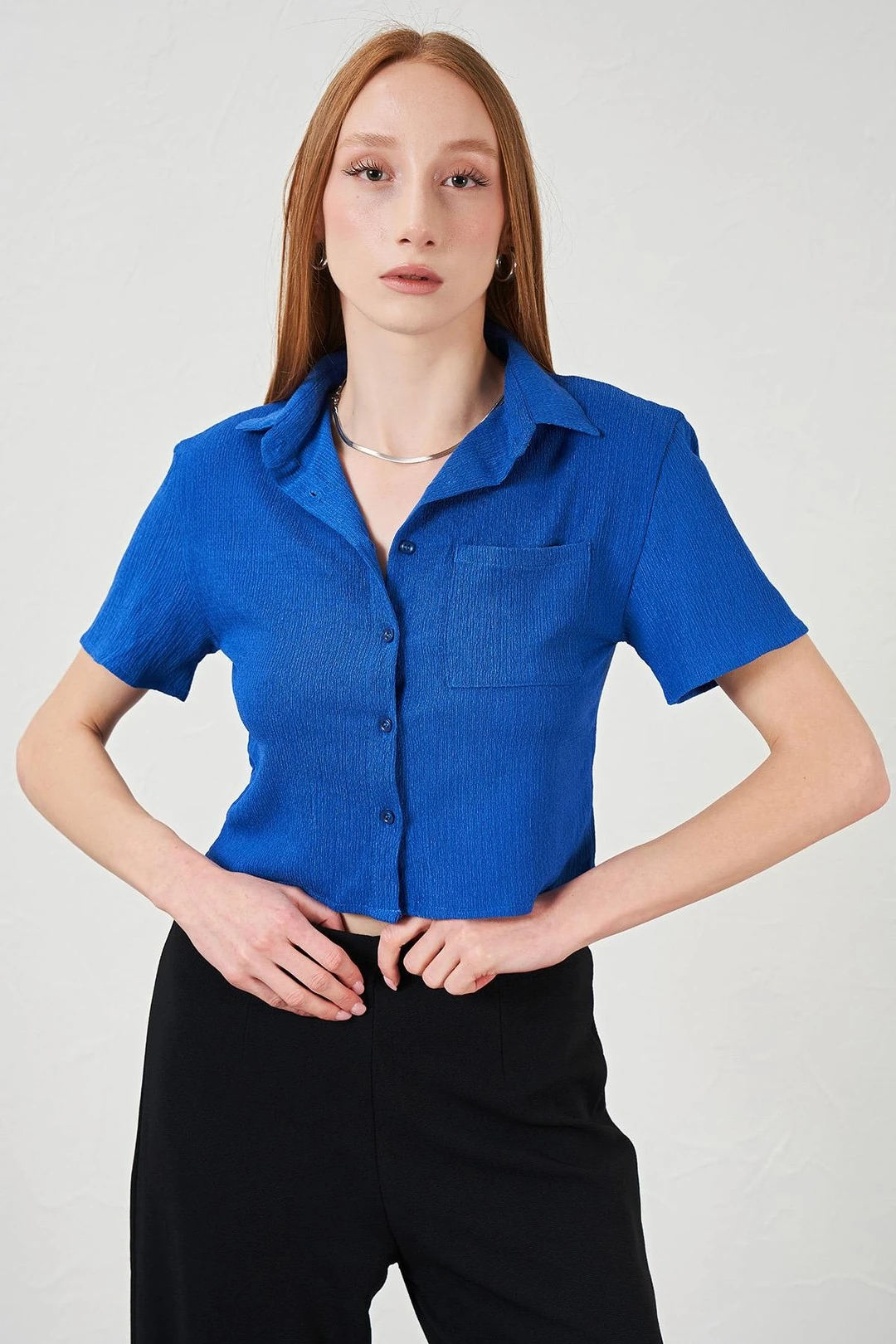 Kadın Bürümcük Tek Cep Crop Gömlek - Saks