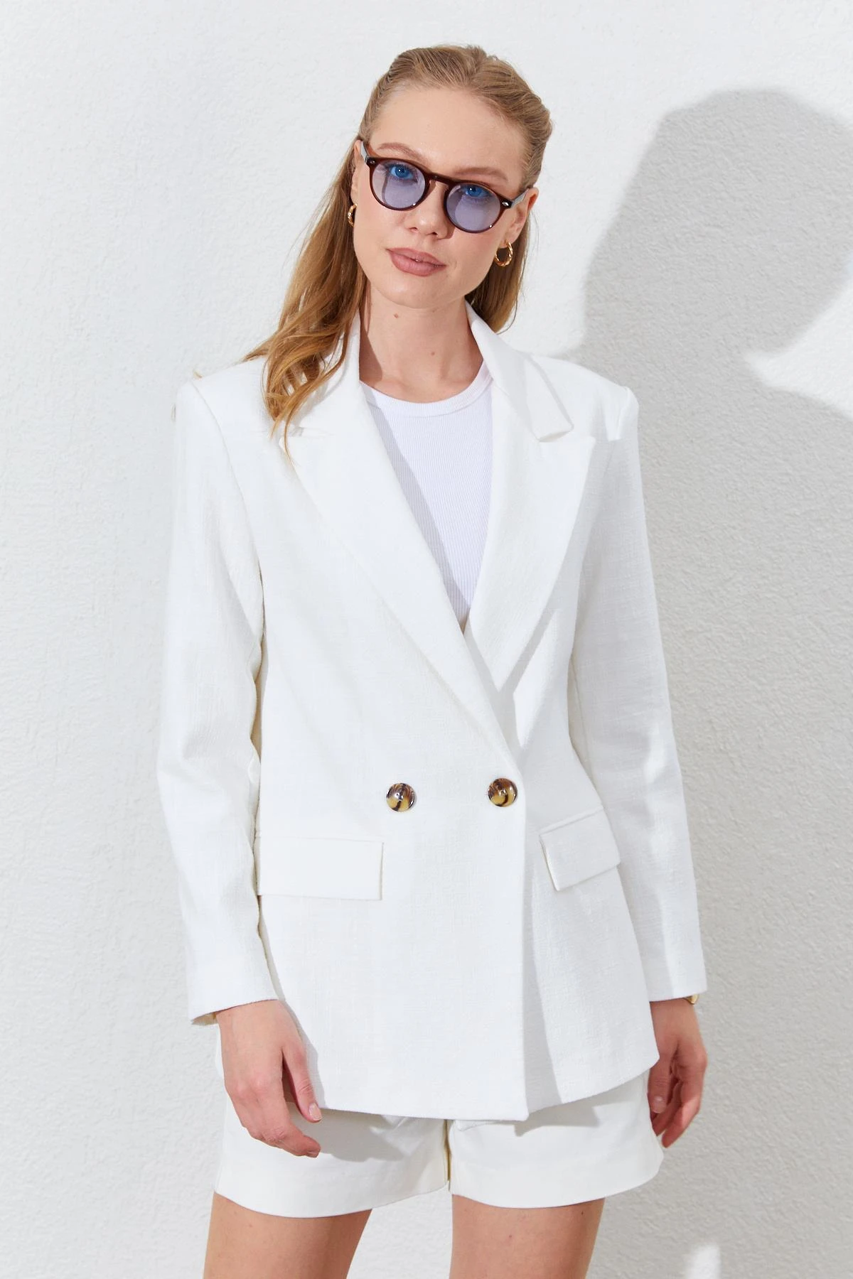 Kadın Çift Düğmeli Kapak Cepli Keten Blazer Ceket