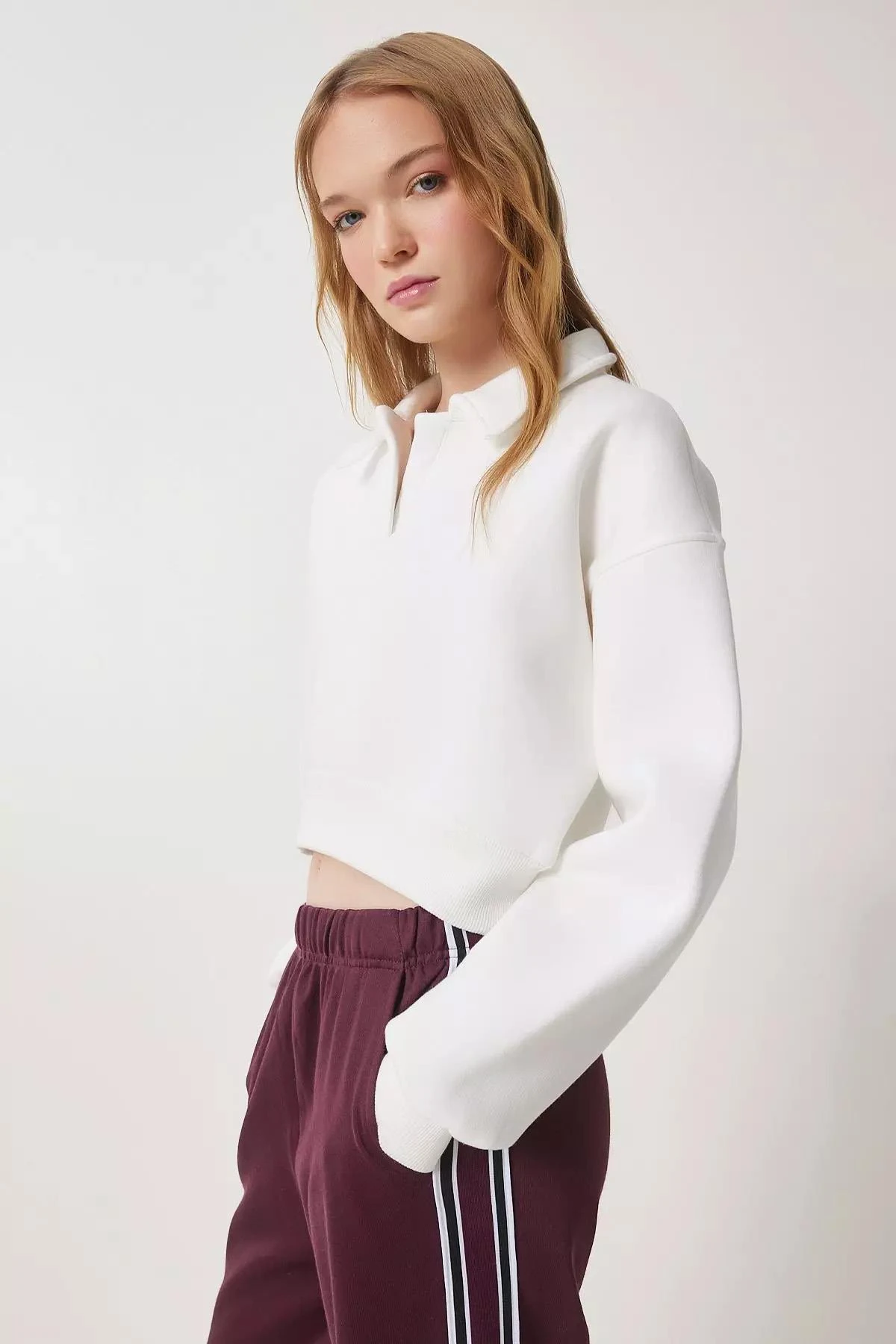 Kadın Gömlek Yaka Üç İplik Sweatshirt