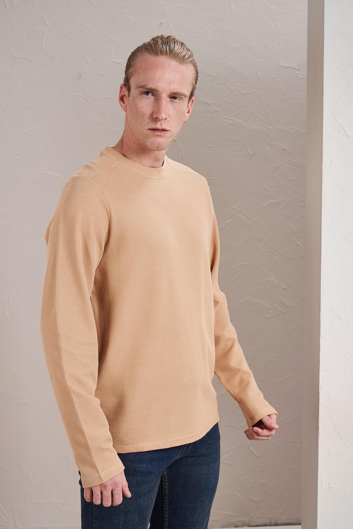 Erkek Bisiklet Yaka Waffle Sweatshirt