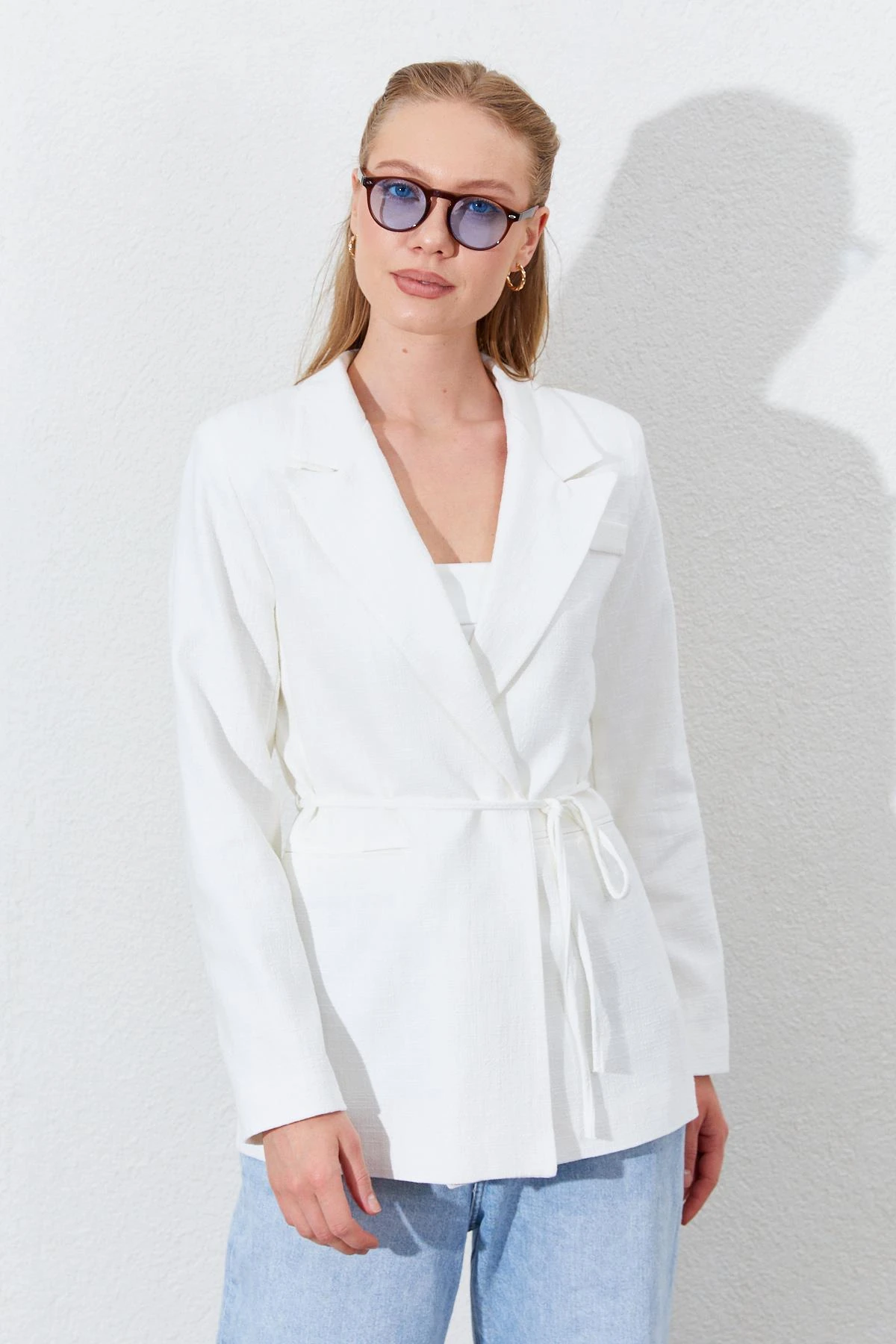 Kadın Önü Bağlamalı Fleto Cepli Keten Blazer Ceket