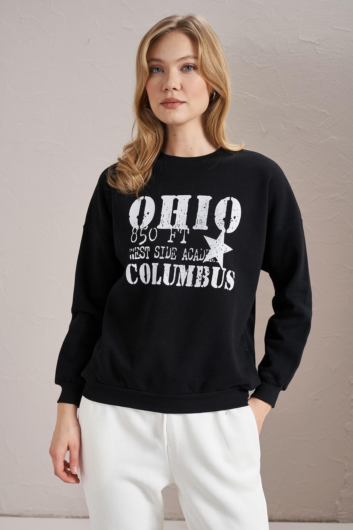 Kadın Bisiklet Yaka Ohio Baskılı Üç İplik Sweatshirt