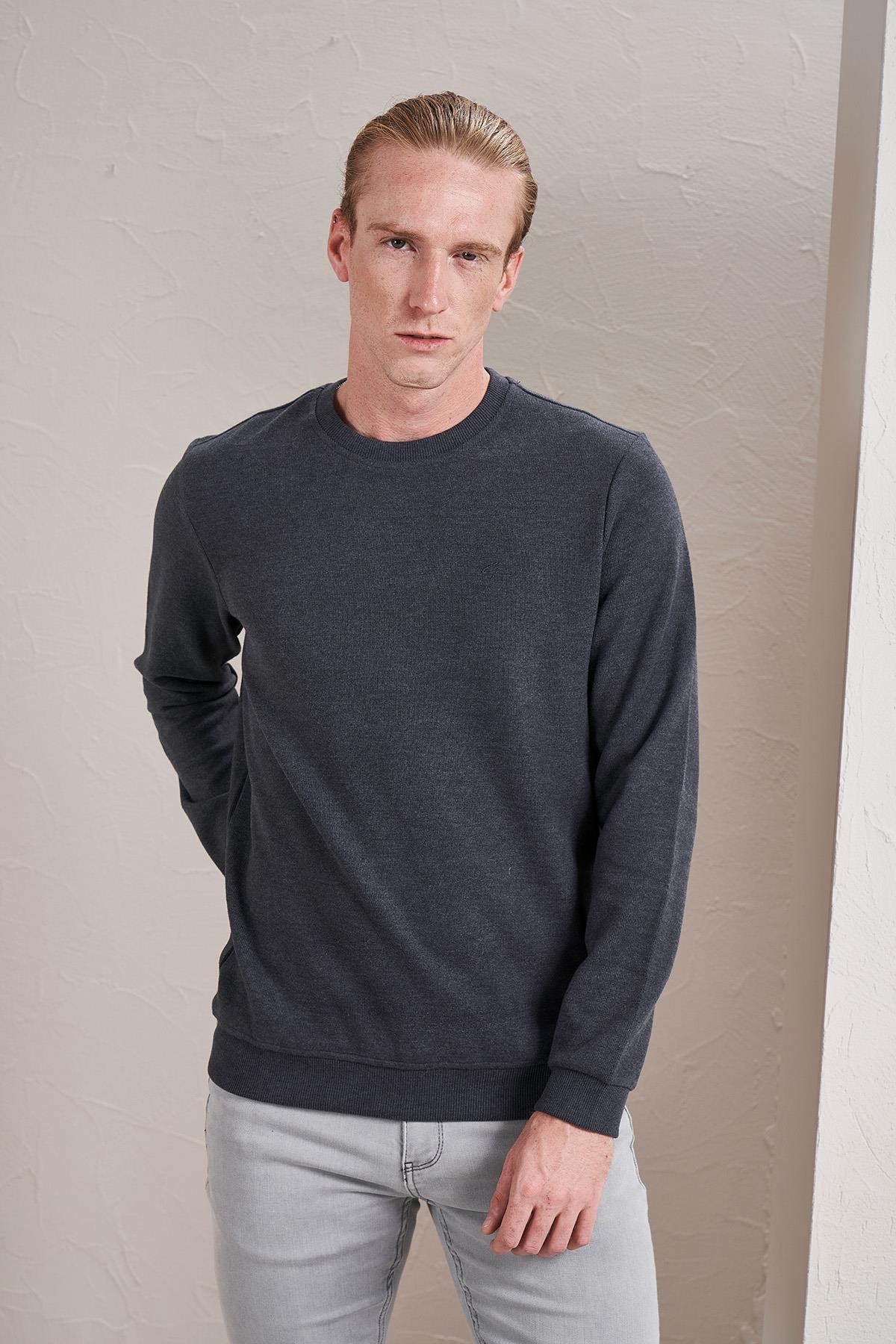 Erkek (2304)Bisiklet Yaka Basic Selanik Sweatshirt - Füme