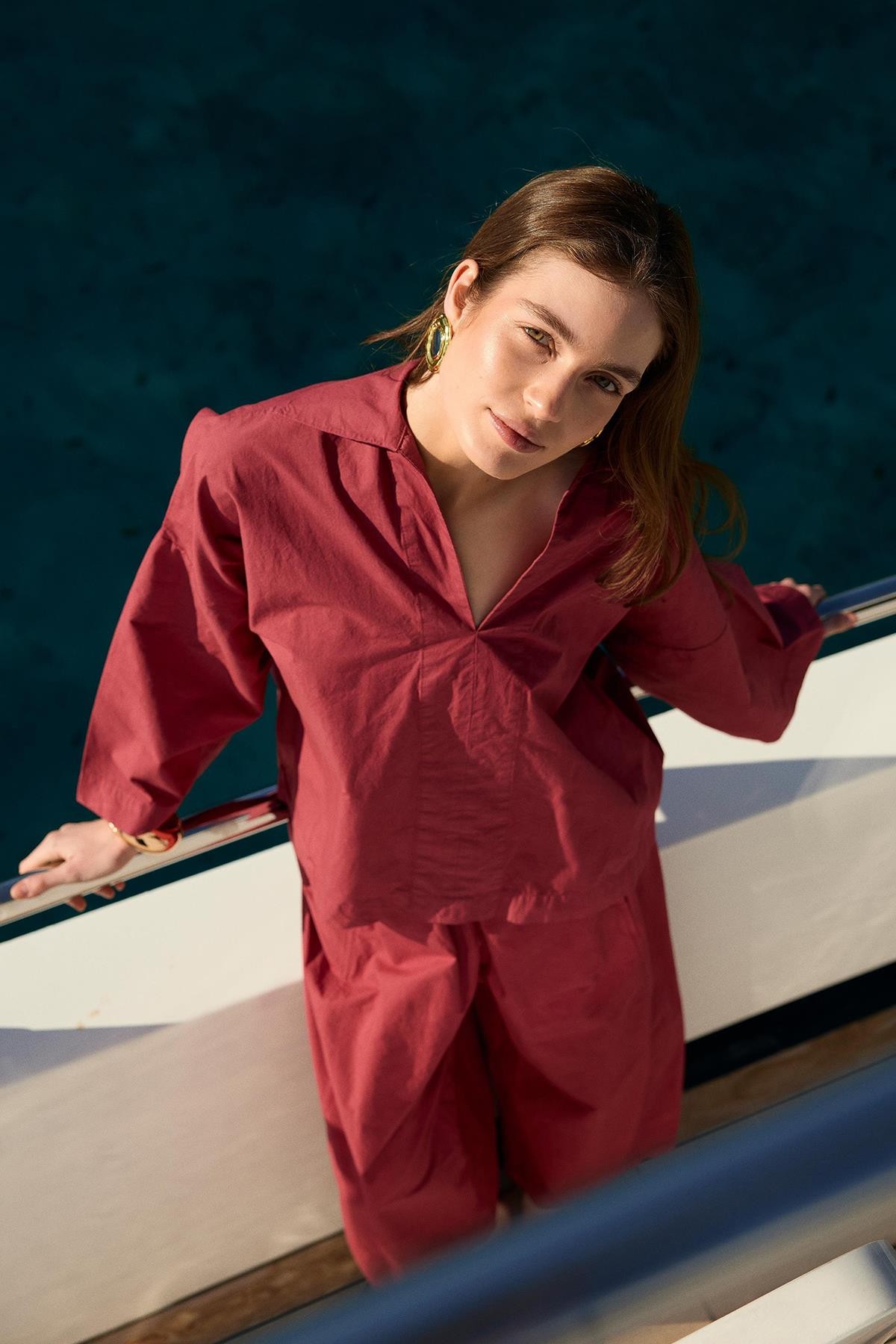 Kadın Bol Kollu Oversize Gömlek Beli Büzgülü Bol Paça Pantolon Takım
