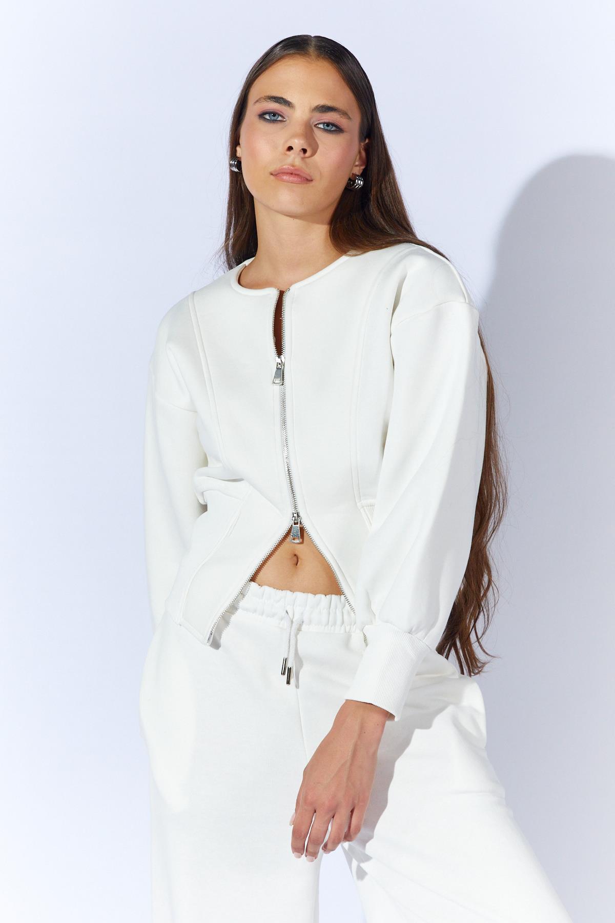 Kadın Kalın Ribana Detaylı Fermuarlı Üç İplik Sweatshirt