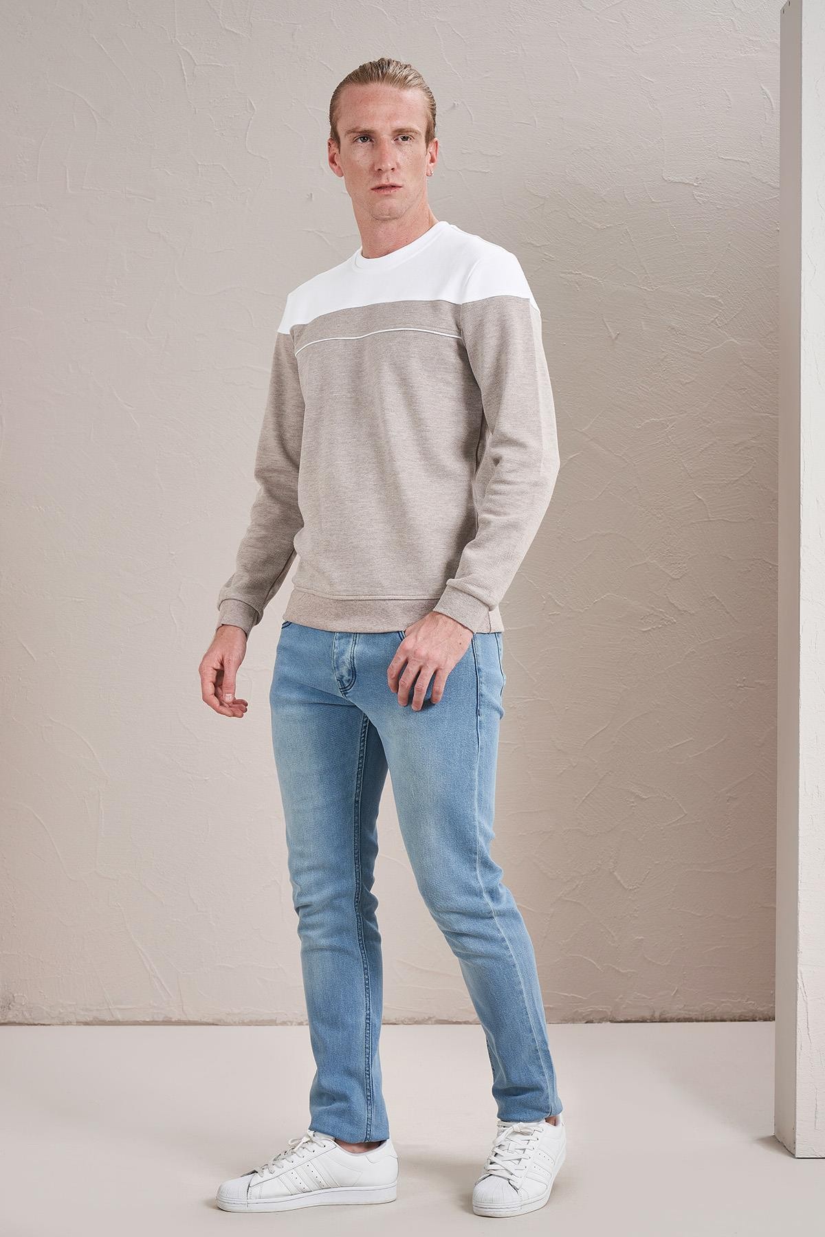 Erkek Bisiklet Yaka Pike Parçalı Sweatshirt