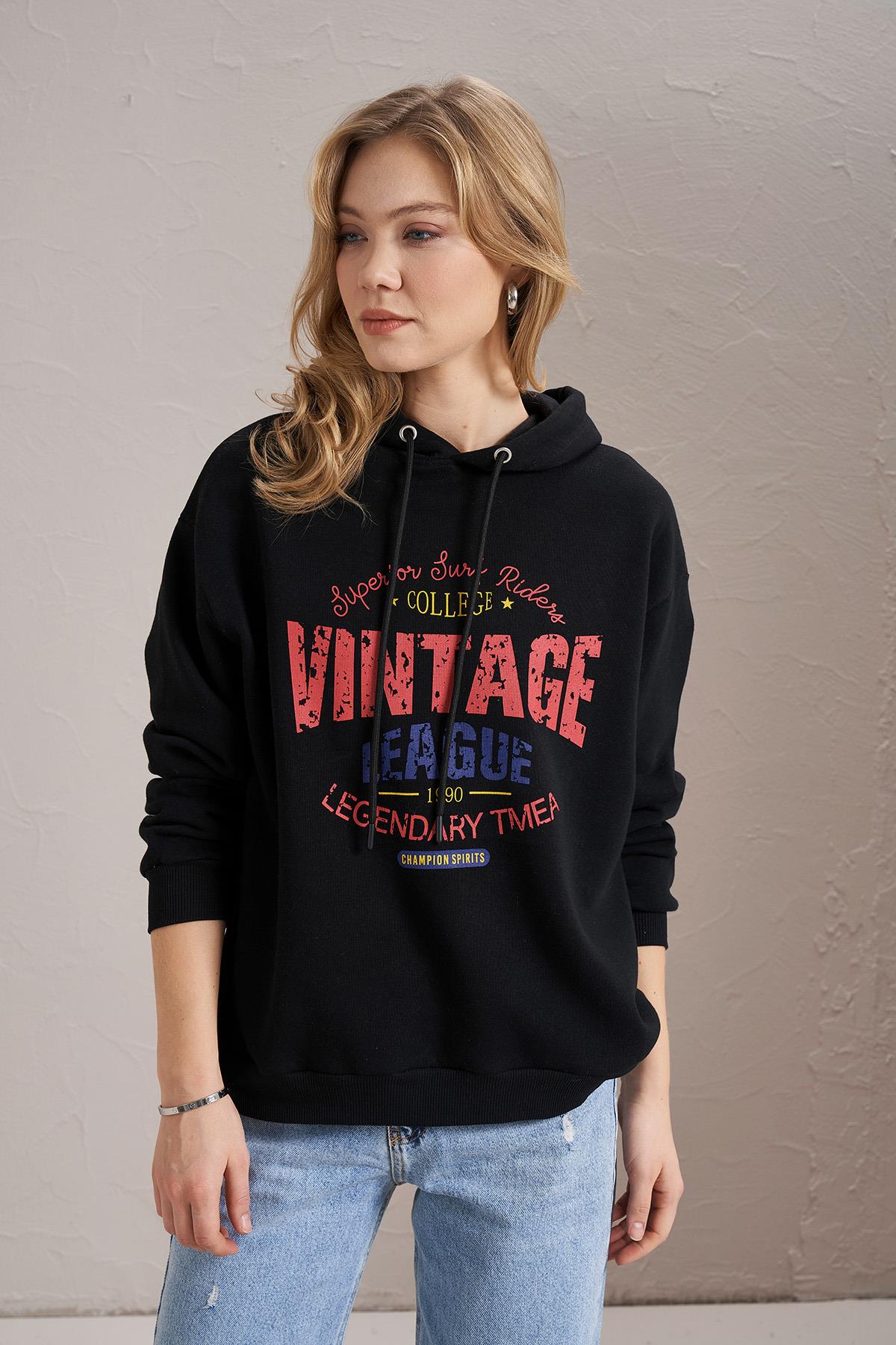 Kadın Wintage Baskılı Cepsiz Kapüşonlu Sweatshirt