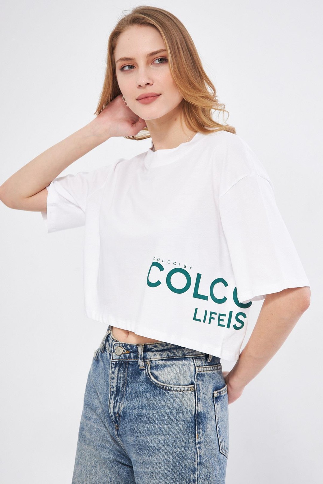 Kadın Yanı Colc Yazılı Crop Tişört
