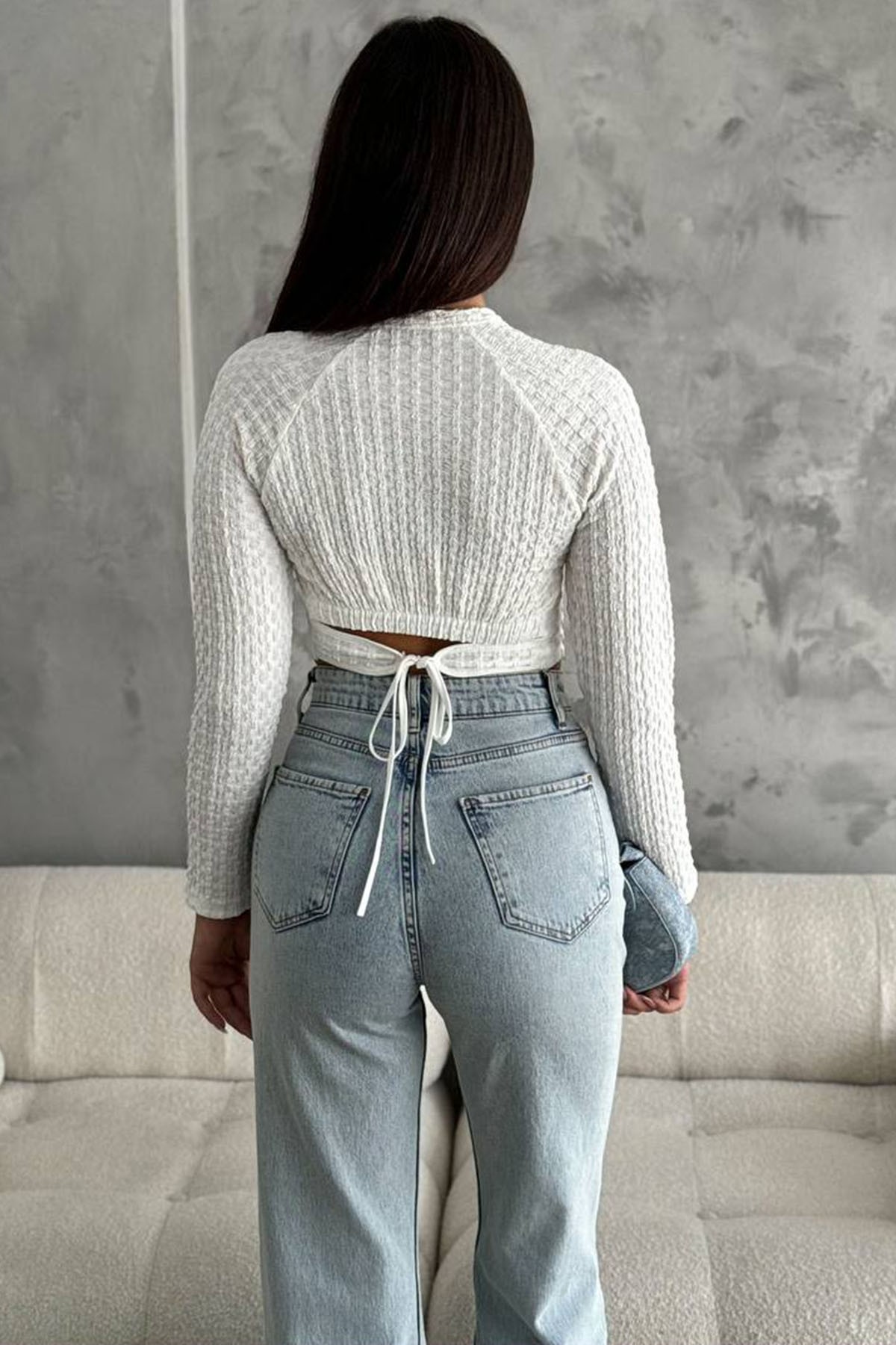 Kadın Arkadan Bağlamalı Kabartma Crop Bluz