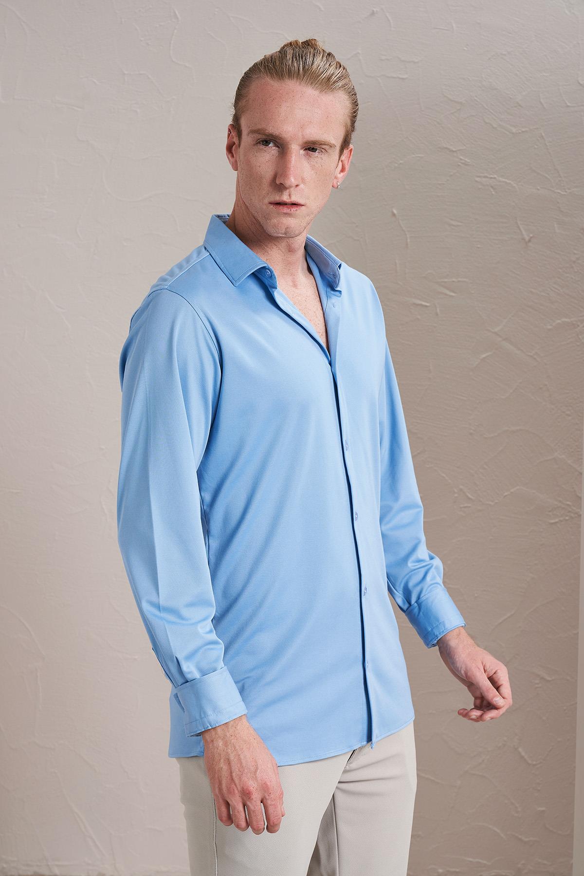 Erkek Uzun Kollu Merserize Kagi Slim Fit Gömlek
