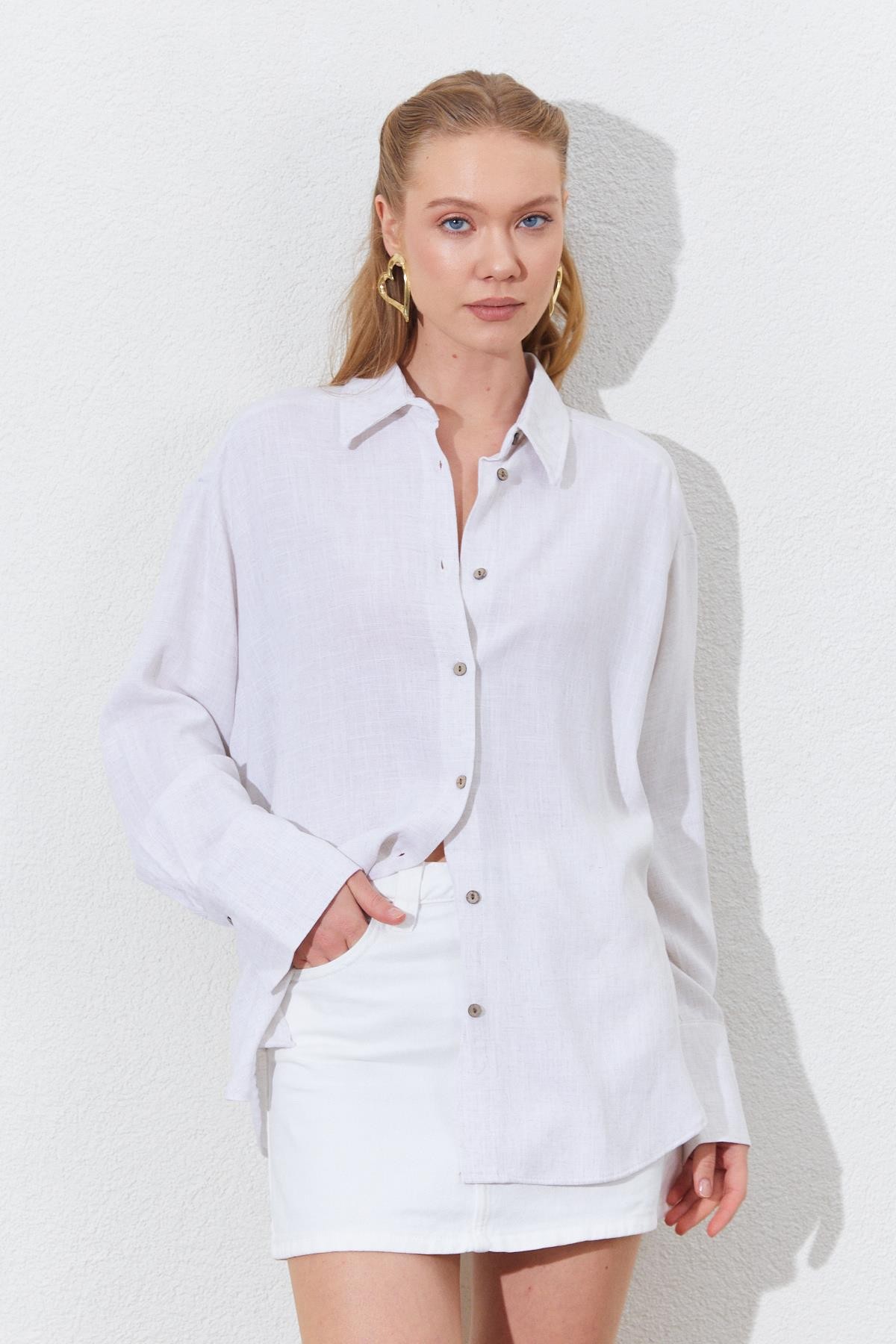 Kadın Oversize Keten Gömlek - Bej
