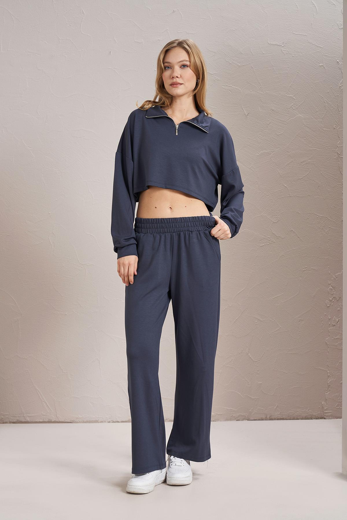 Kadın Modal Kumaş Fermuarlı Crop Eşofman Takım