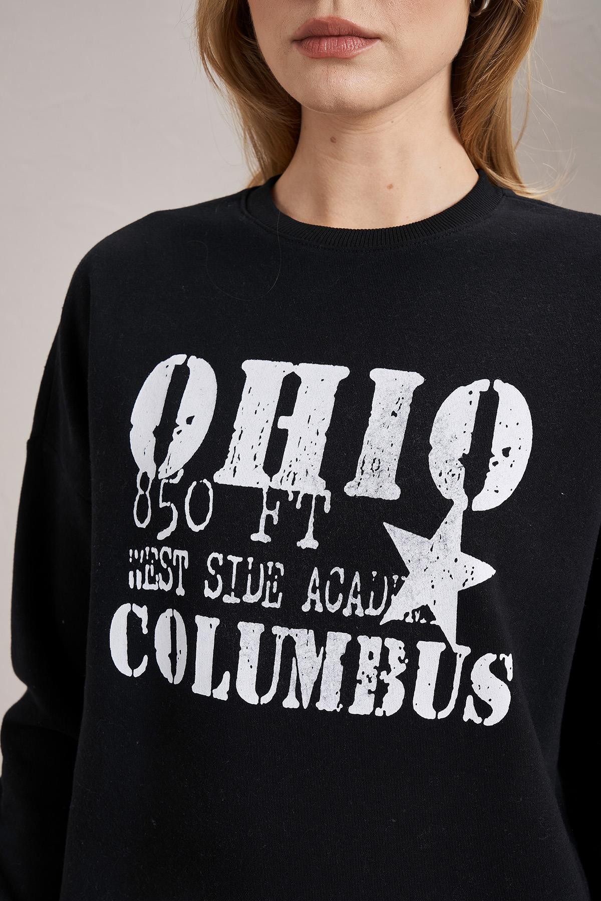 Kadın Bisiklet Yaka Ohio Baskılı Üç İplik Sweatshirt