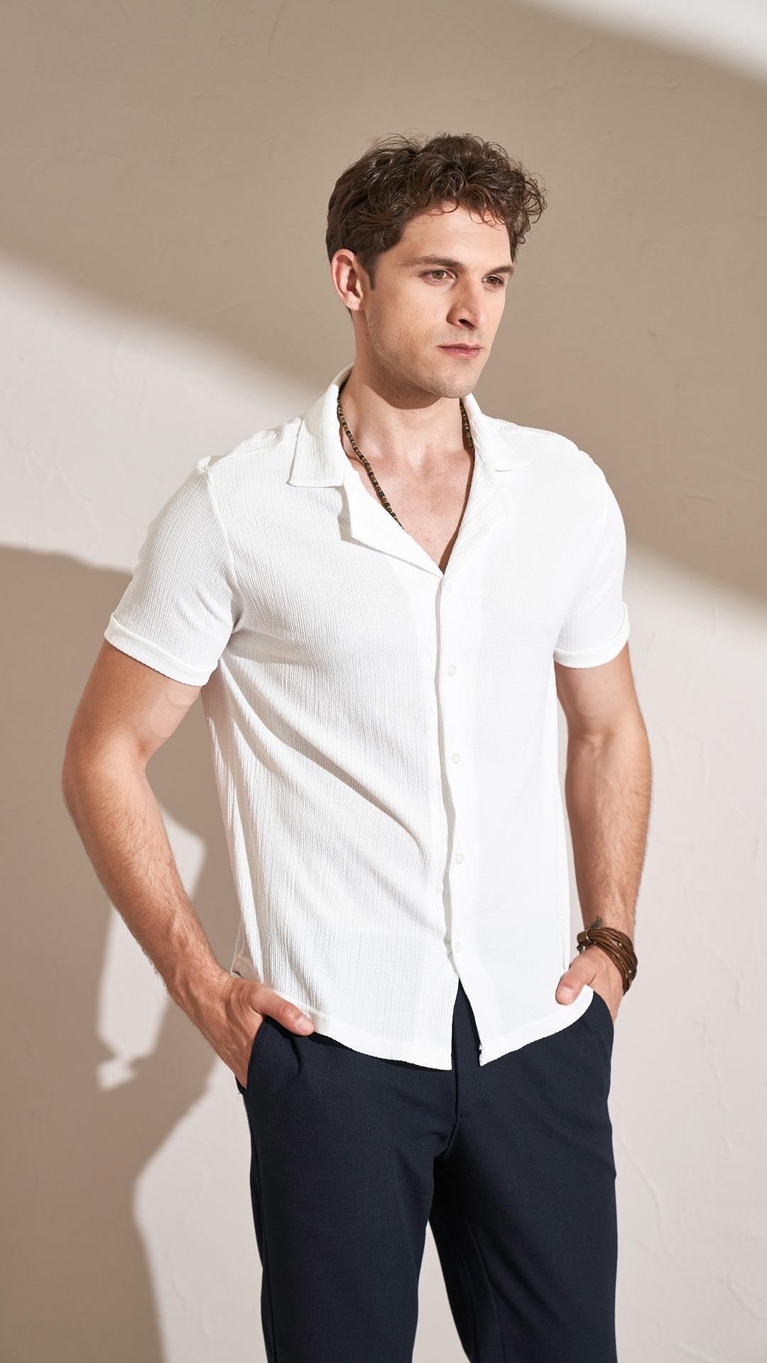 Erkek Kısa Kollu Apaş Yaka Krinkıl Oversize Gömlek