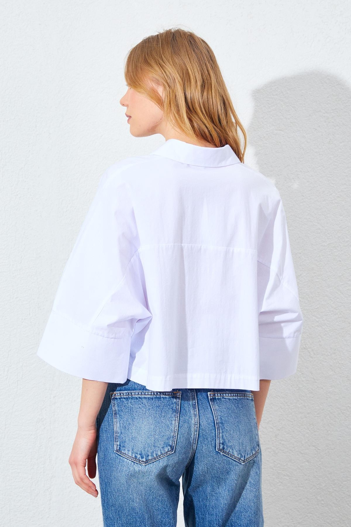 Kadın Düşük Kol Çımalı Crop Poplin Gömlek