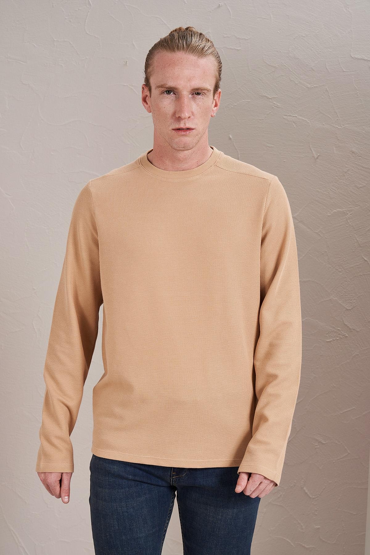 Erkek Bisiklet Yaka Waffle Sweatshirt