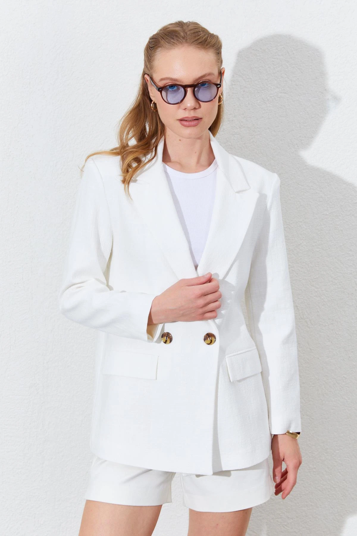 Kadın Çift Düğmeli Kapak Cepli Keten Blazer Ceket