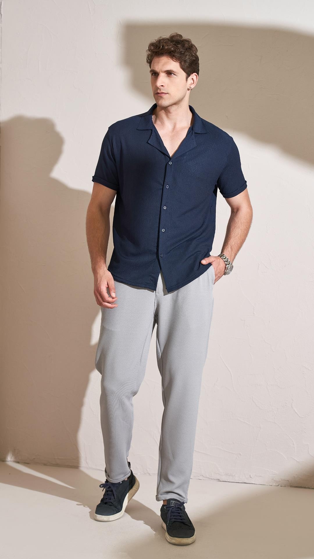 Erkek Kısa Kollu Apaş Yaka Krinkıl Oversize Gömlek
