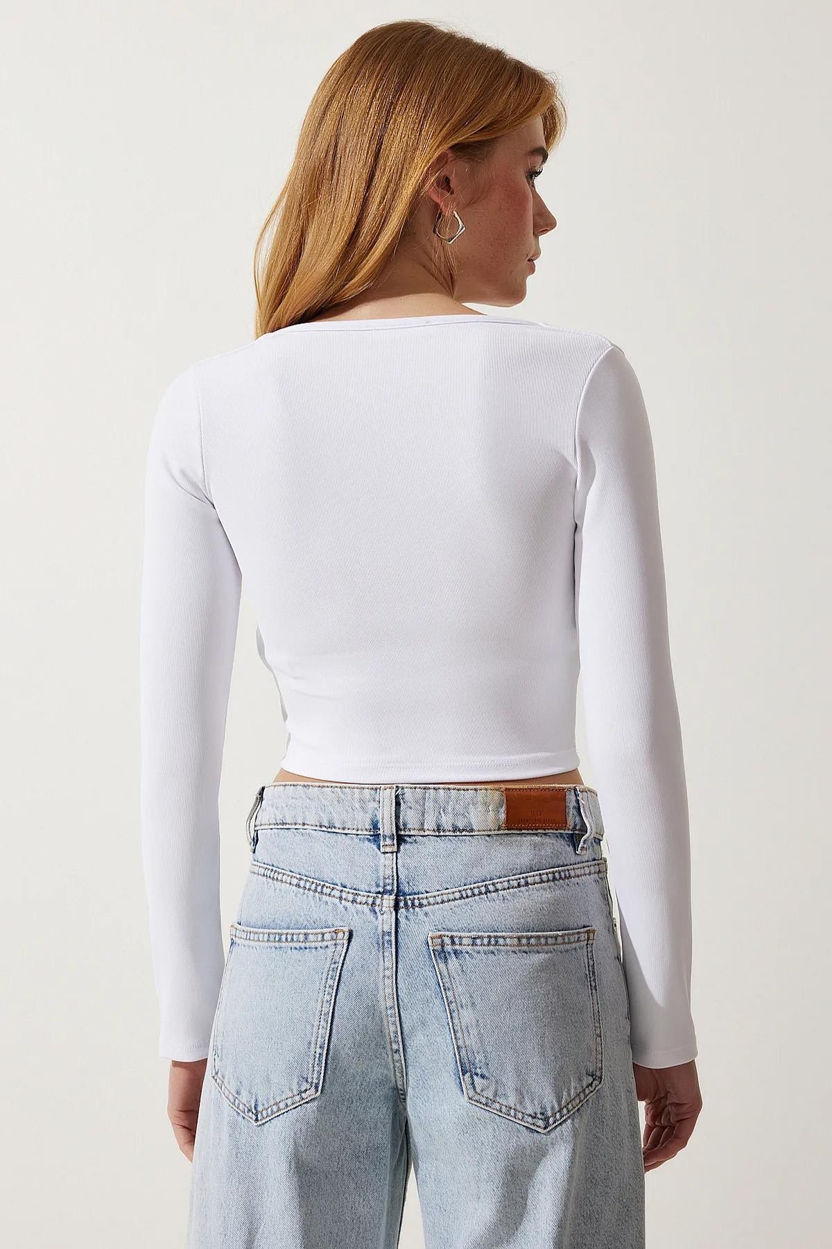 Kadın Kare Yaka Ottoman Kumaş Crop Bluz