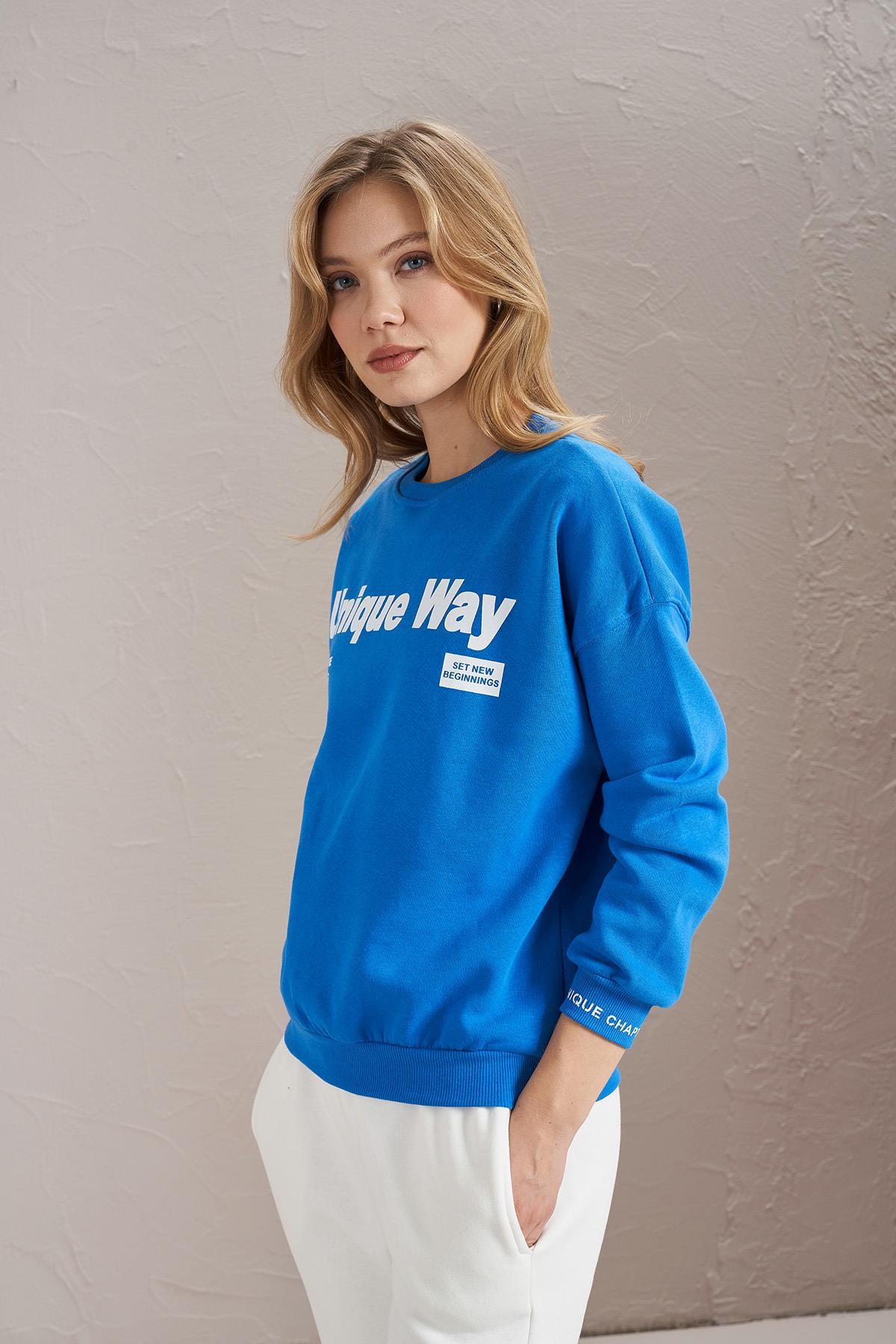 Kadın Bisiklet Yaka Unique Way Baskılı Üç İplik Sweatshirt