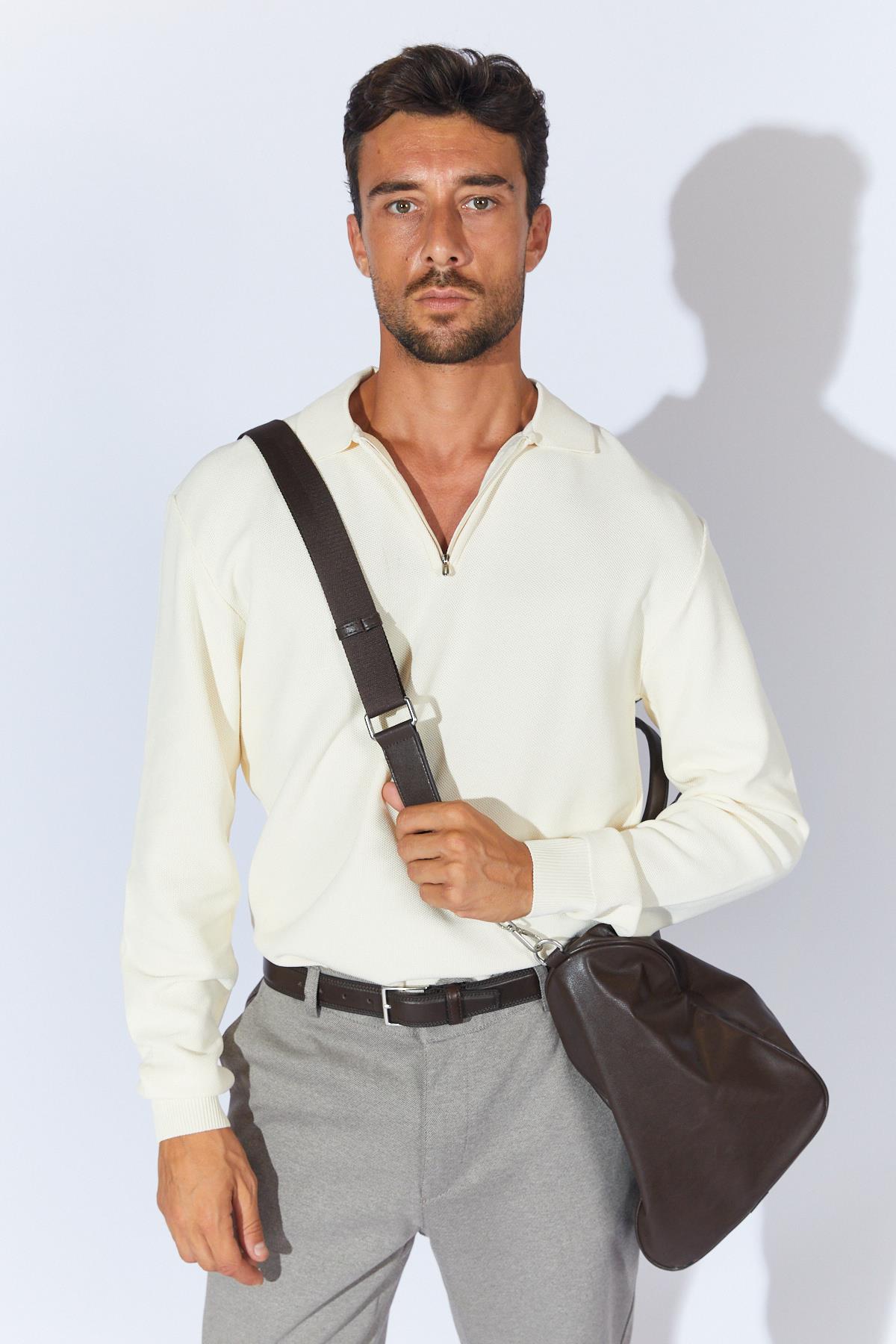 Erkek Ayaklı Yaka Fermuarlı Pike Örgü Basic Triko