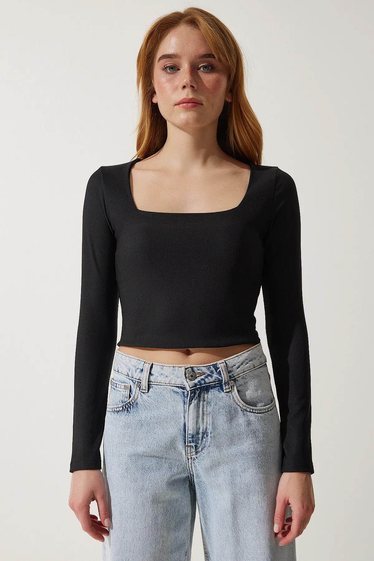 Kadın Kare Yaka Ottoman Kumaş Crop Bluz