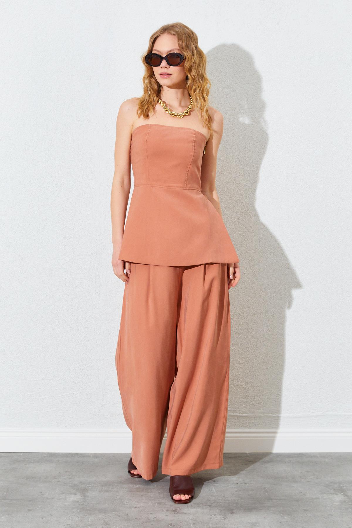 Kadın Straplez Bluzlu Palazzo Pantolonlu Takım