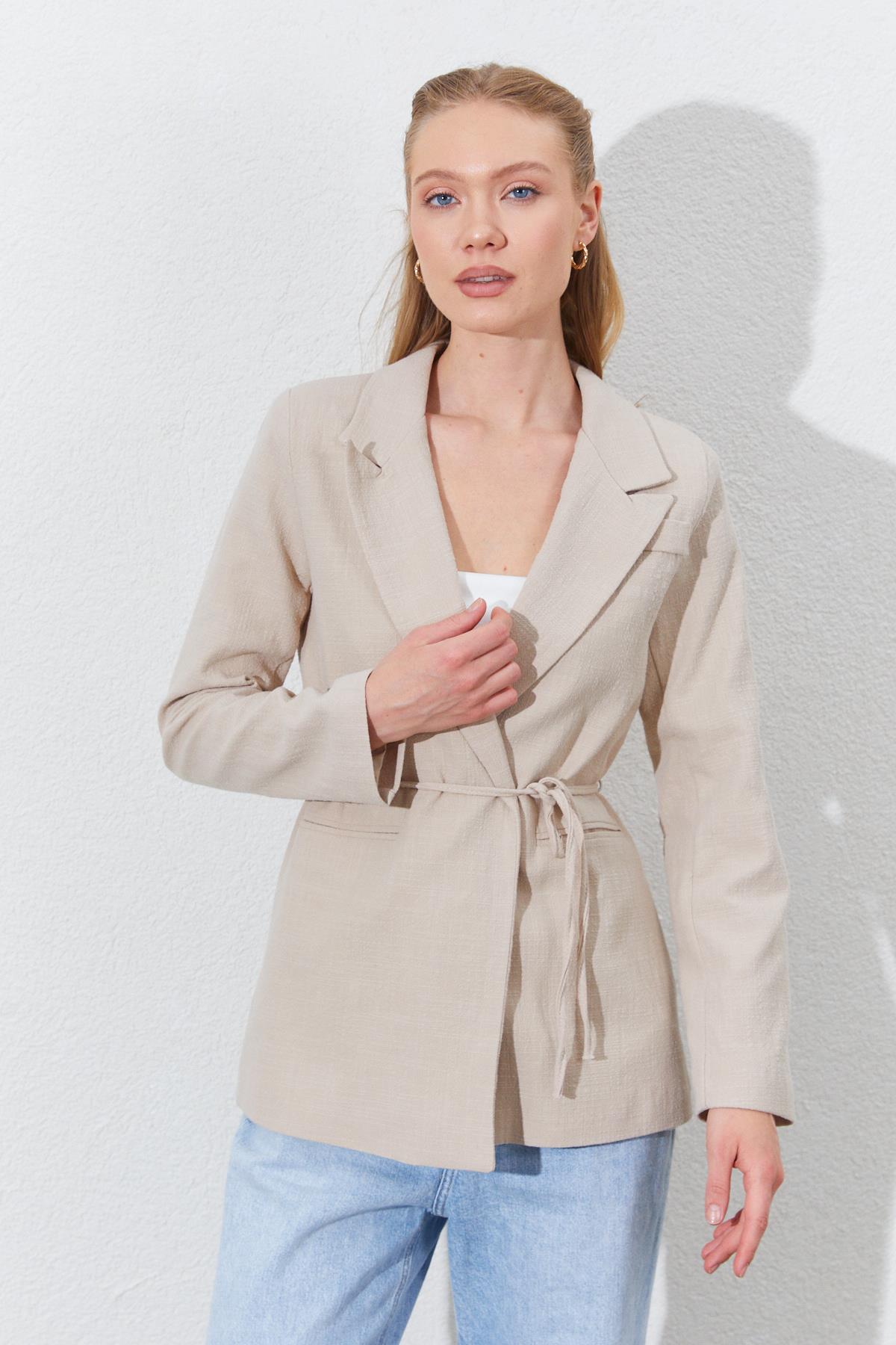 Kadın Önü Bağlamalı Fleto Cepli Keten Blazer Ceket - Taş