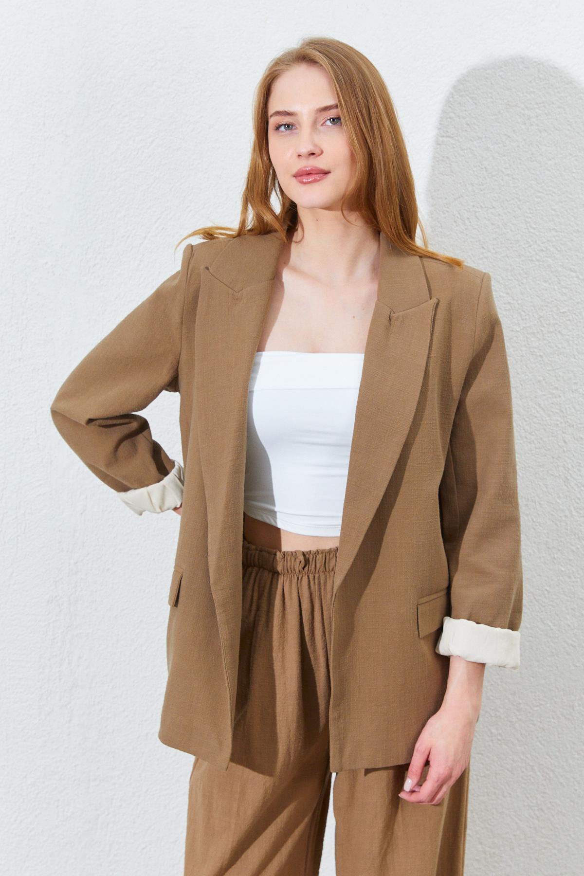 Kadın Kol Katlamalı Keten Blazer Ceket - Kahverengi