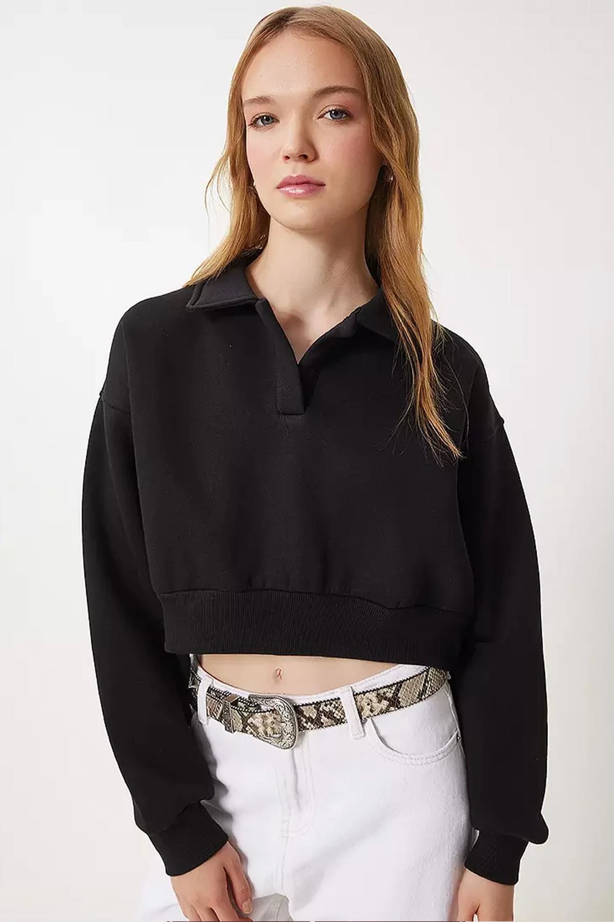 Kadın Gömlek Yaka Üç İplik Sweatshirt - Siyah