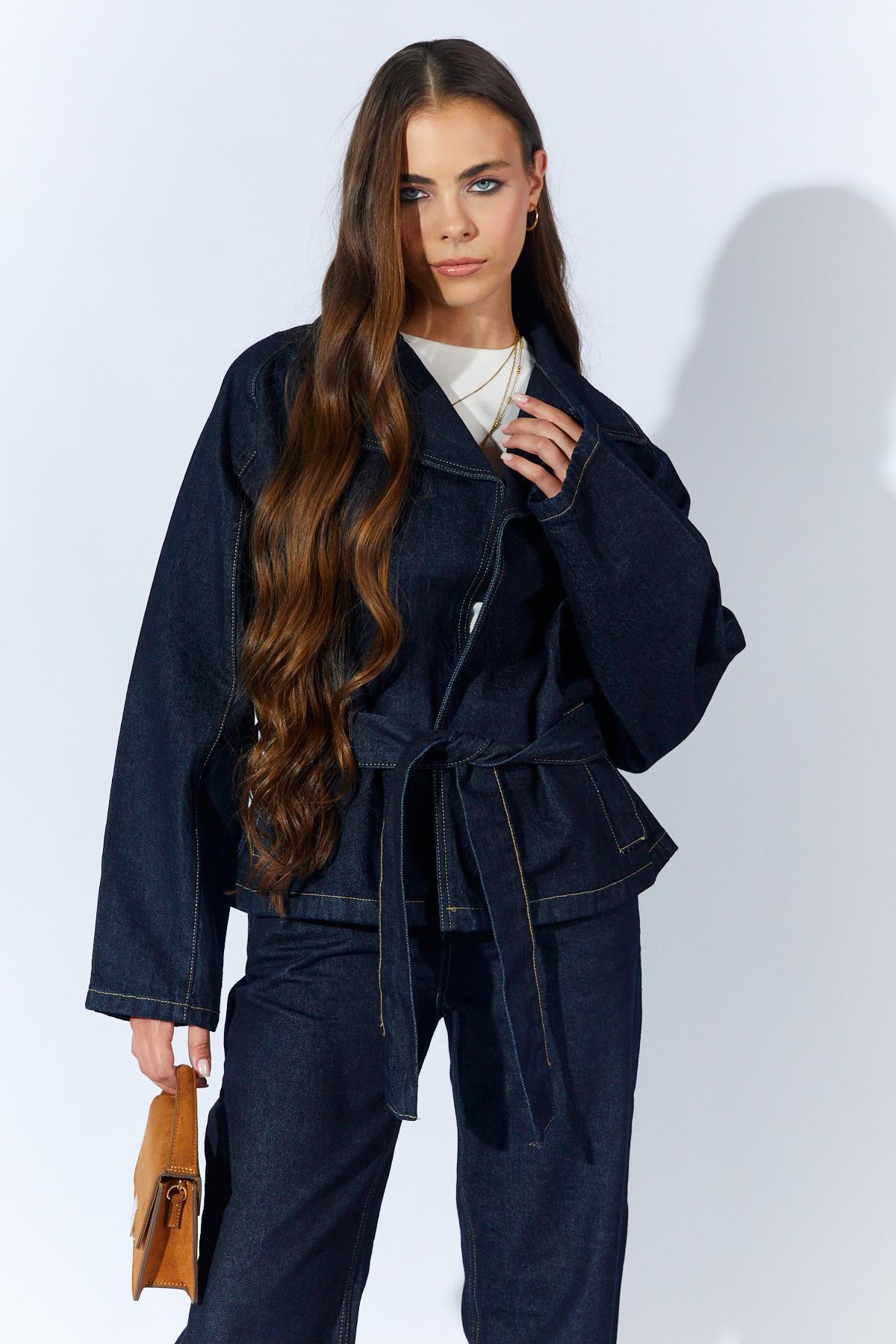 Kadın Kruvaze Kuşalı Ceket Palazzo Pantolonlu Jean Takım