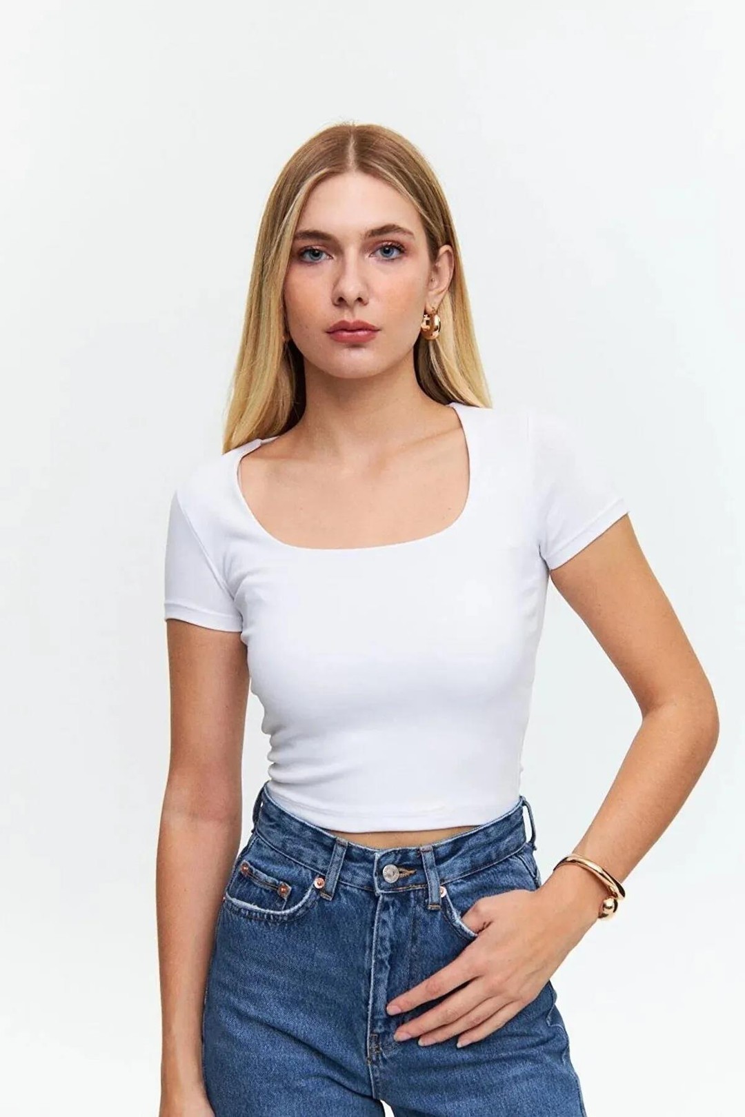 Kadın (3872) Kare Yaka Likralı Crop Tişört