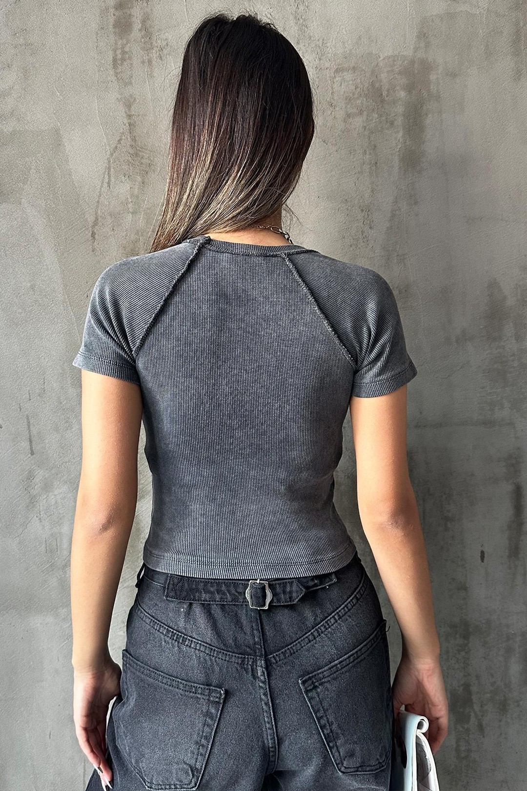Kadın Yıkamalı Yıldız Baskılı Kaşkorse Crop Tişört