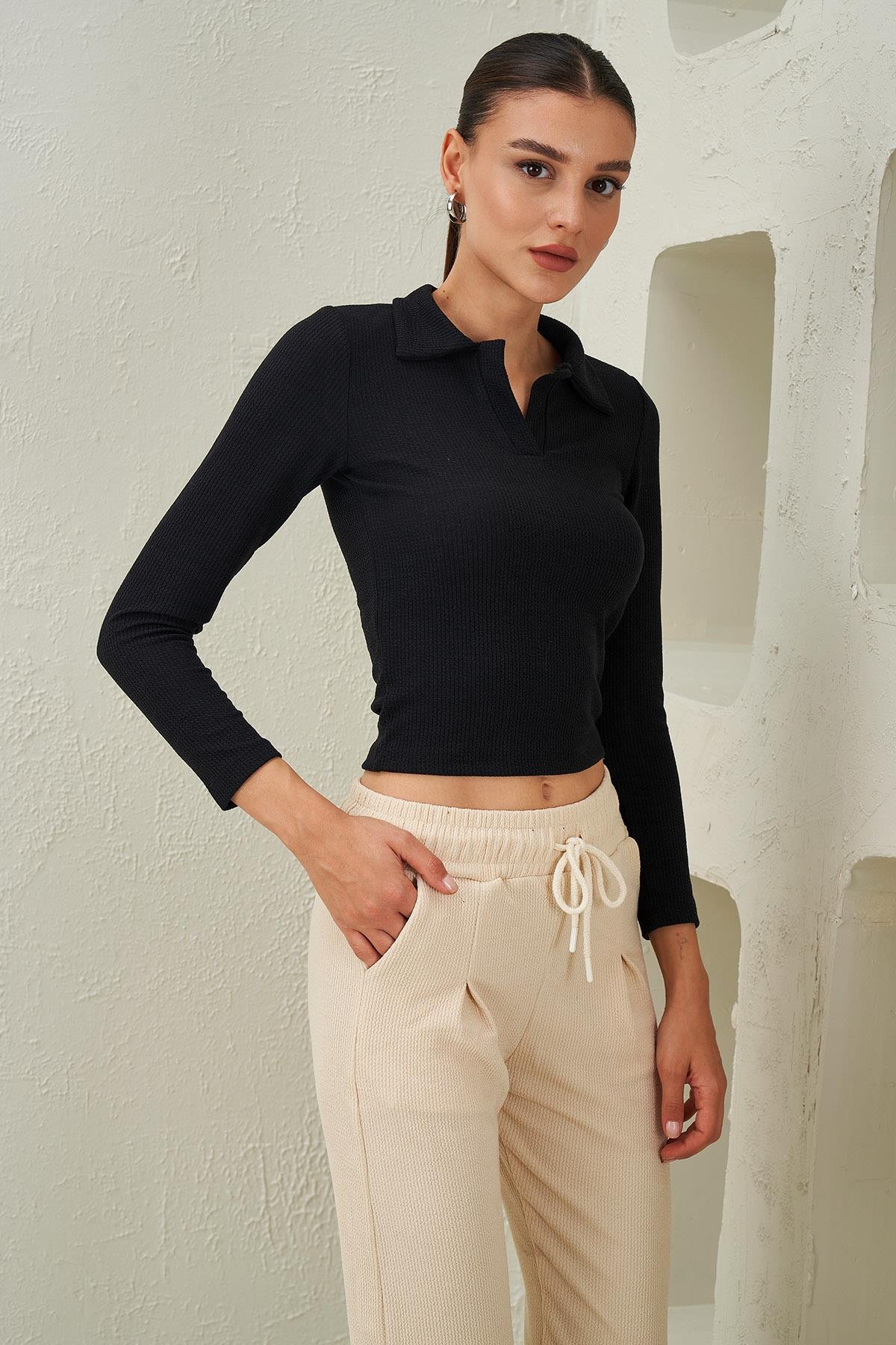 Kadın Gömlek Yaka Bürümcük Kumaş Crop Bluz