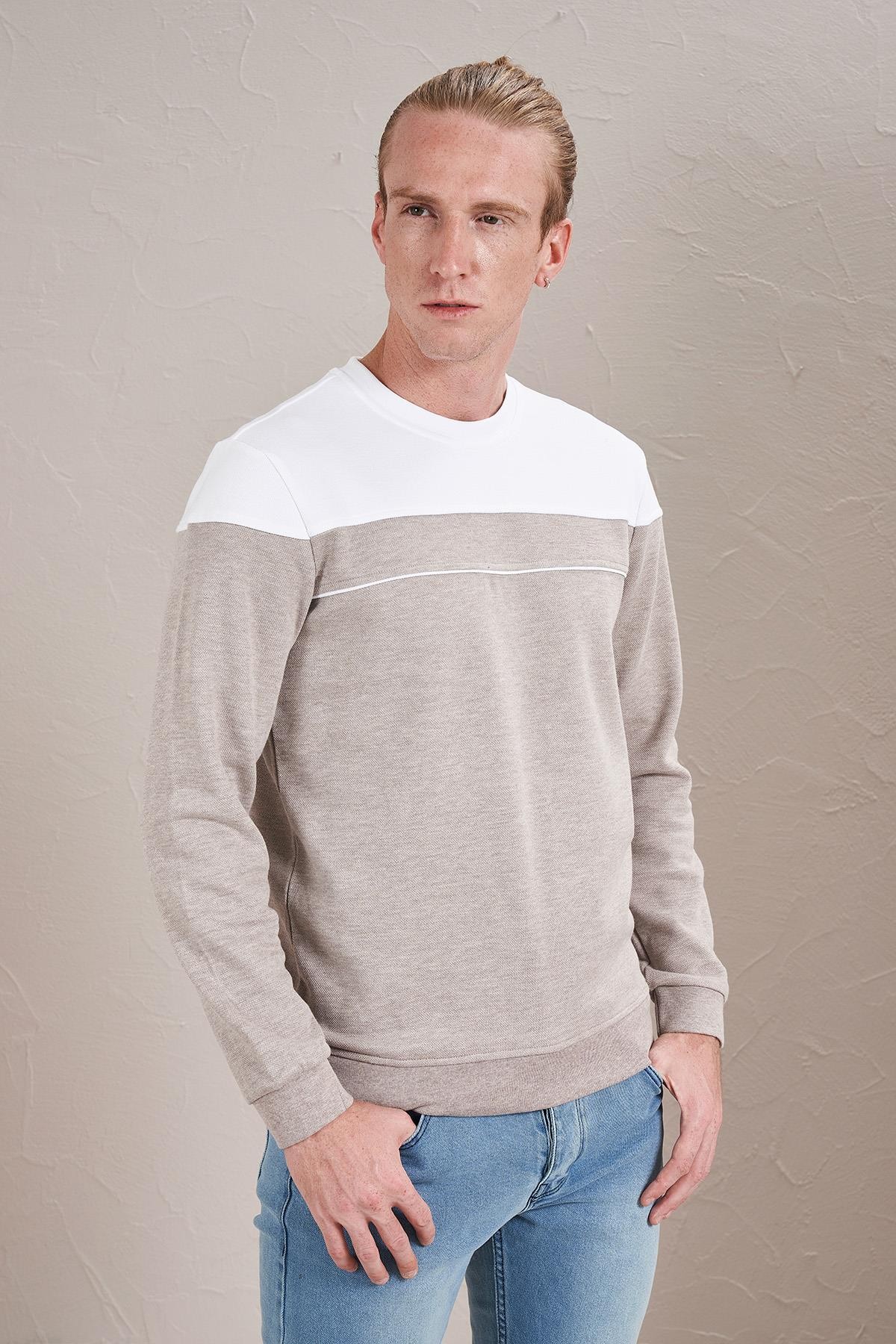 Erkek Bisiklet Yaka Pike Parçalı Sweatshirt